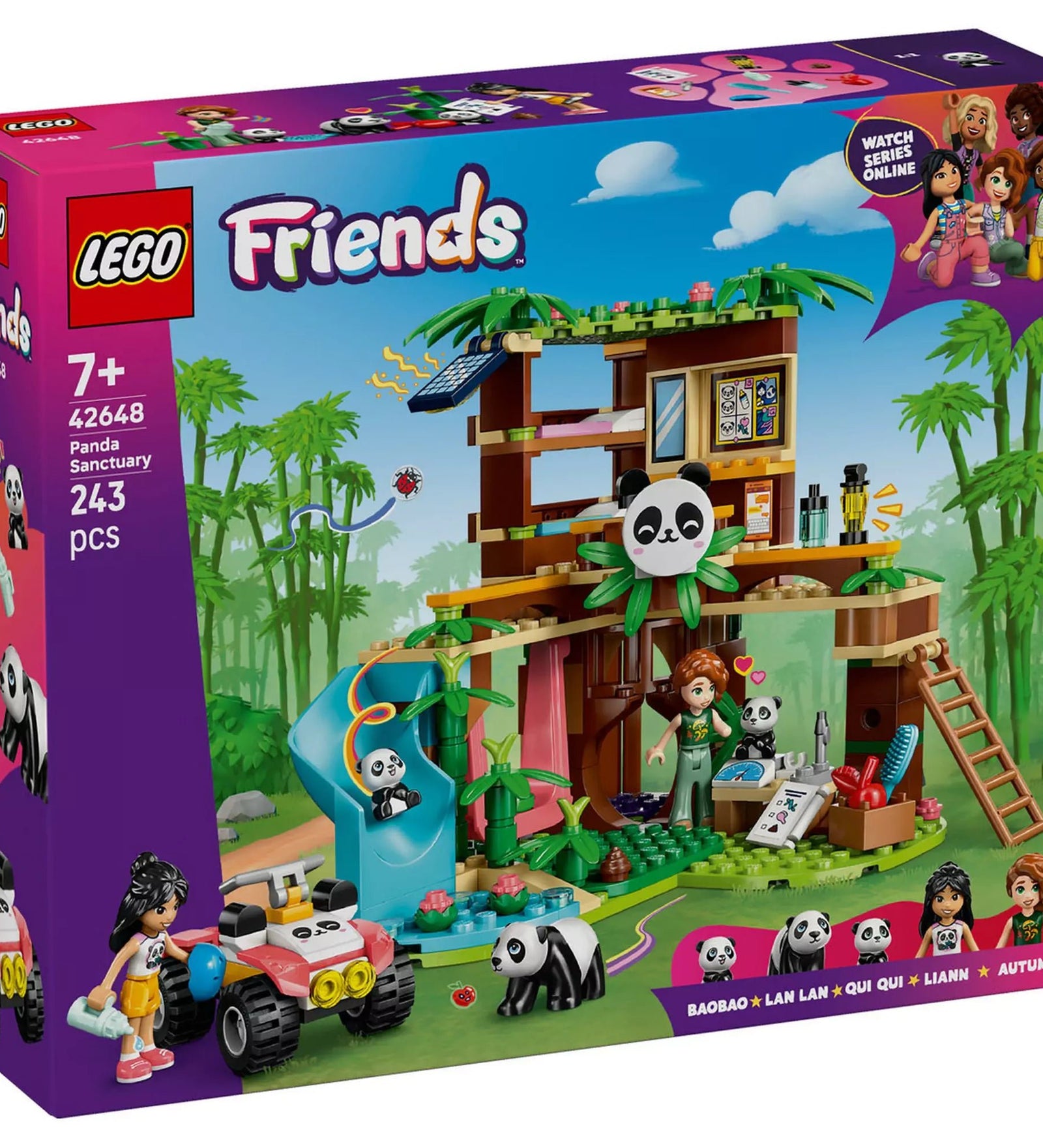 A LEGO Friends Panda Menedékhely (42648) doboza, színes dzsungel háttérrel, faépítménnyel, pandákkal, figurákkal és egy rózsaszín quad járművel.