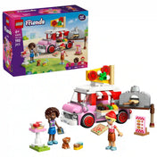 LEGO Friends Pizzaárus büfékocsi készlet doboza az elkészült pizzás kisbusszal, pizzakemencével, figurákkal és kiegészítőkkel.