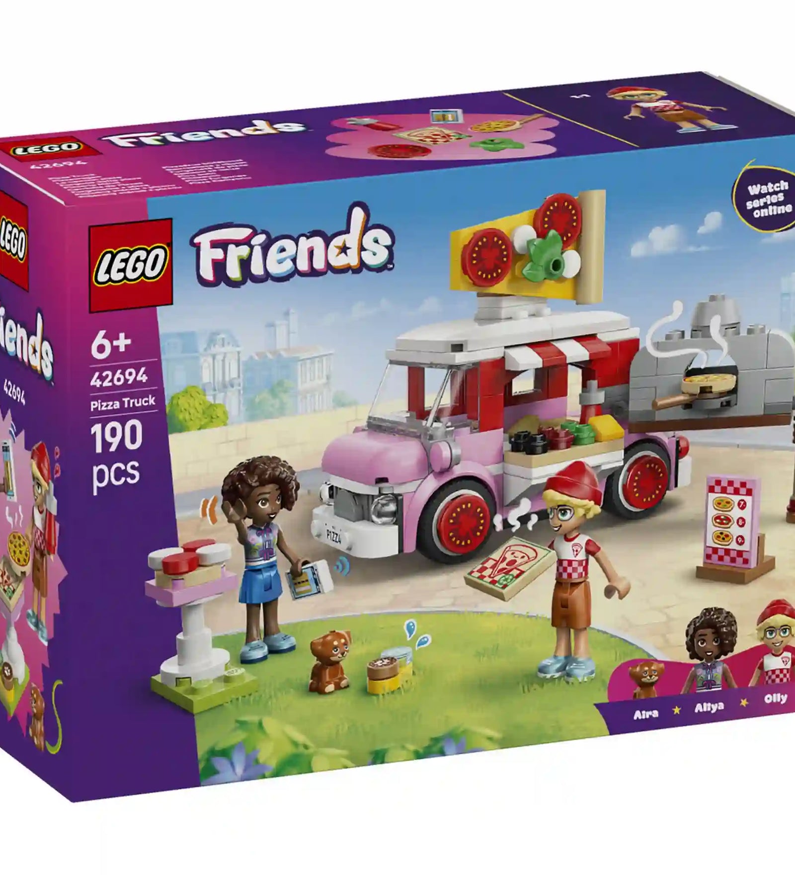 LEGO Friends Pizzaárus büfékocsi 42694 készlet dobozképe rózsaszín pizzás kisbusszal, pizzakemencével és szereplőkkel.