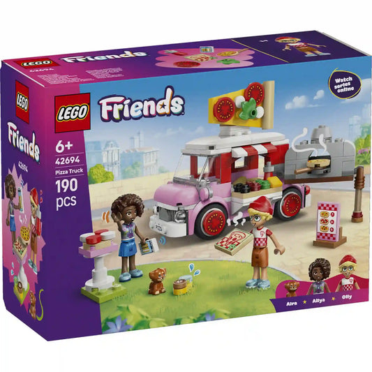 LEGO Friends Pizzaárus büfékocsi 42694 készlet dobozképe rózsaszín pizzás kisbusszal, pizzakemencével és szereplőkkel.