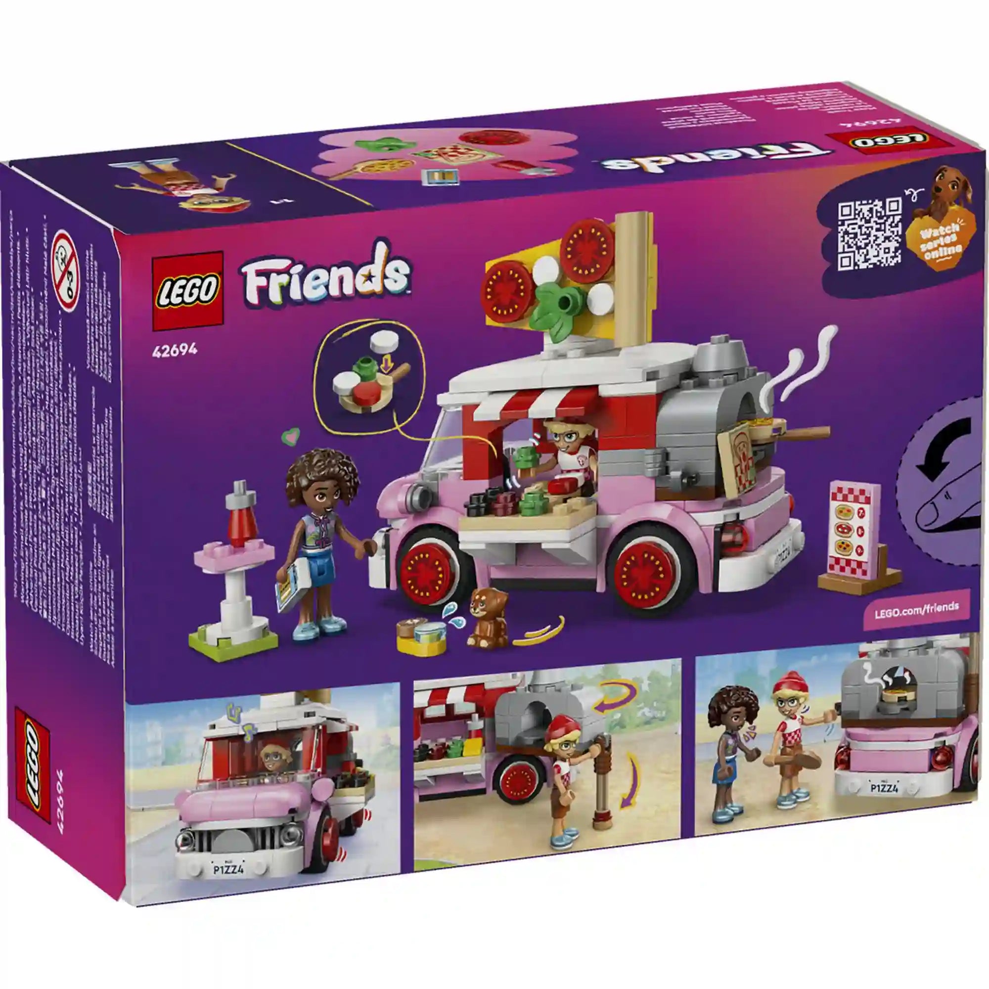 LEGO Friends Pizzaárus büfékocsi 42694 készlet hátoldali dobozképe, amely bemutatja a pizzasütőt, a kisbuszt és a játékfunkciókat.