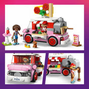 LEGO Friends Pizzaárus büfékocsi 42694 készlet pizzás kisbusszal, Aliya és Olly figurákkal, kiskutyával, menütáblával és pizzás kiegészítőkkel.