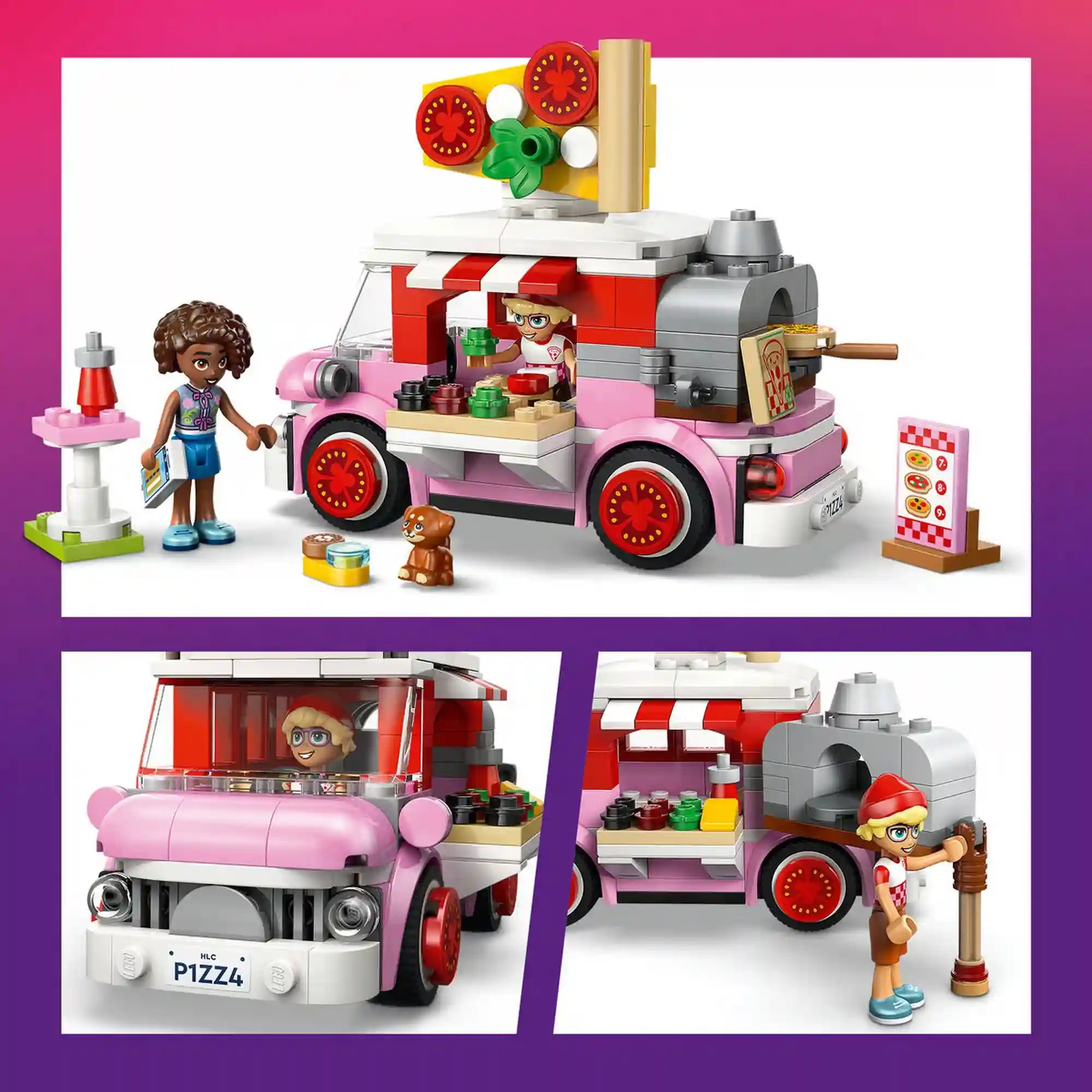 LEGO Friends Pizzaárus büfékocsi 42694 készlet pizzás kisbusszal, Aliya és Olly figurákkal, kiskutyával, menütáblával és pizzás kiegészítőkkel.