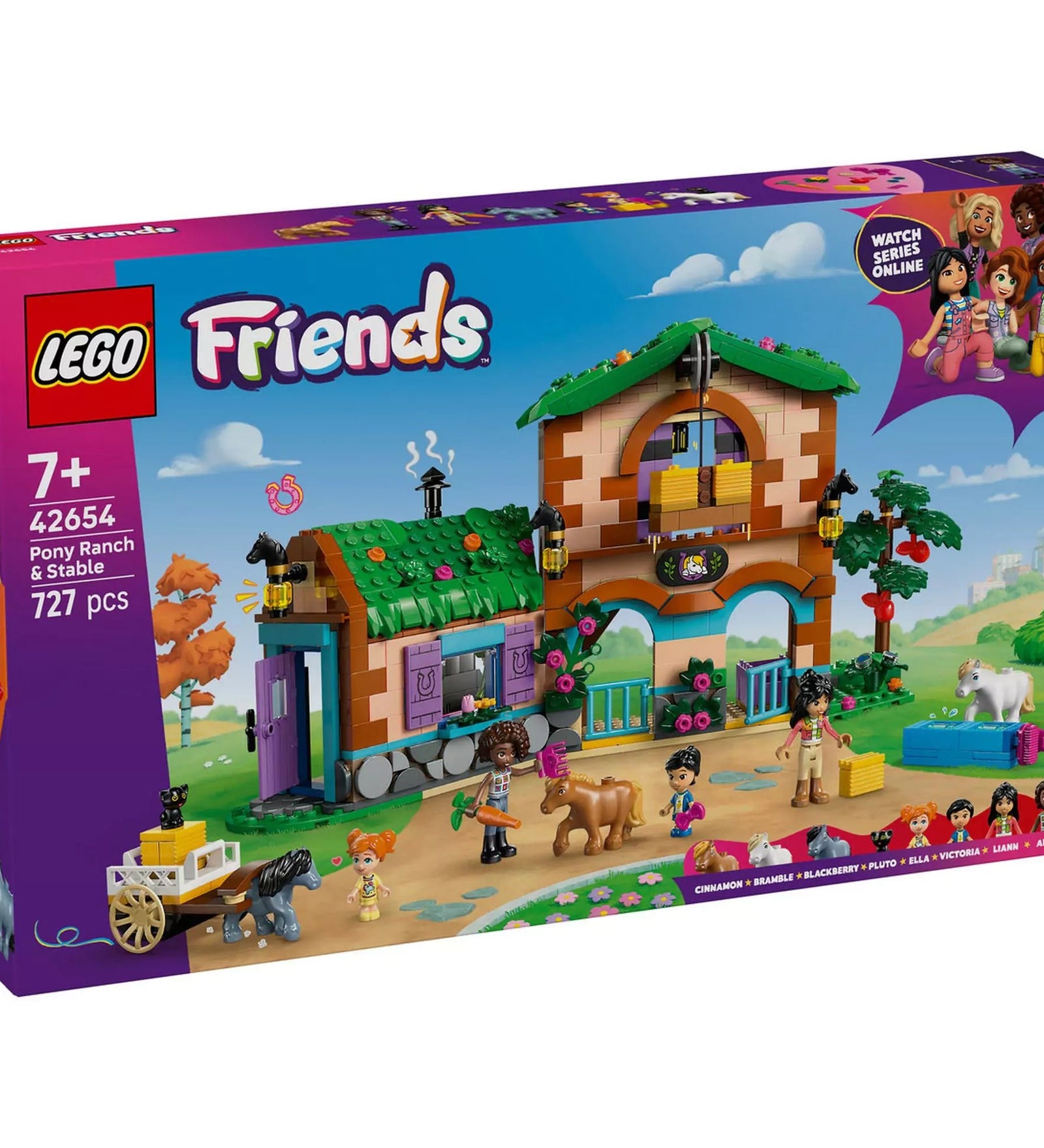 LEGO Friends Pónifarm és istálló (42654) doboz előlapja, a készlettel, figurákkal és pónikkal színes vidéki környezetben