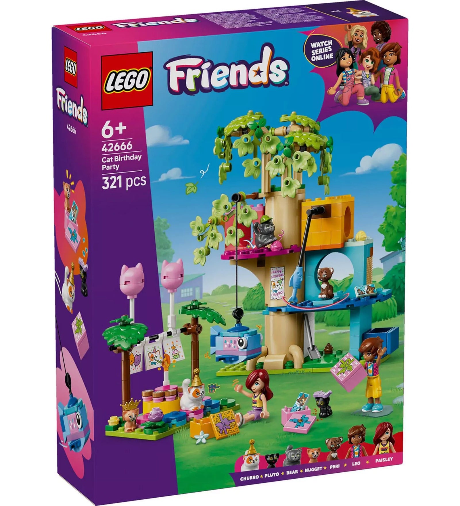 A LEGO Friends Macskaszülinapi buli (42666) doboz elölnézete, színes grafikával, cicás játékelemekkel, figurákkal és a fán elhelyezett születésnapi jelenettel.