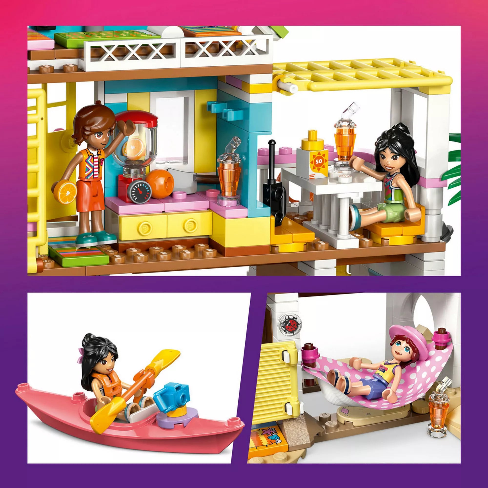 LEGO Friends Fókás tengerparti ház (42699) belső jelenete, smoothie készítő konyhával, asztallal, italokkal és minibaba figurákkal