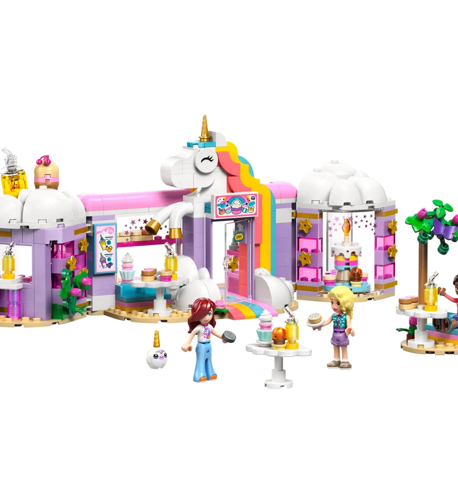 LEGO Friends Unikornisos kávézó (42684) teljes készlet fehér háttéren, épülettel, figurákkal és kiegészítőkkel