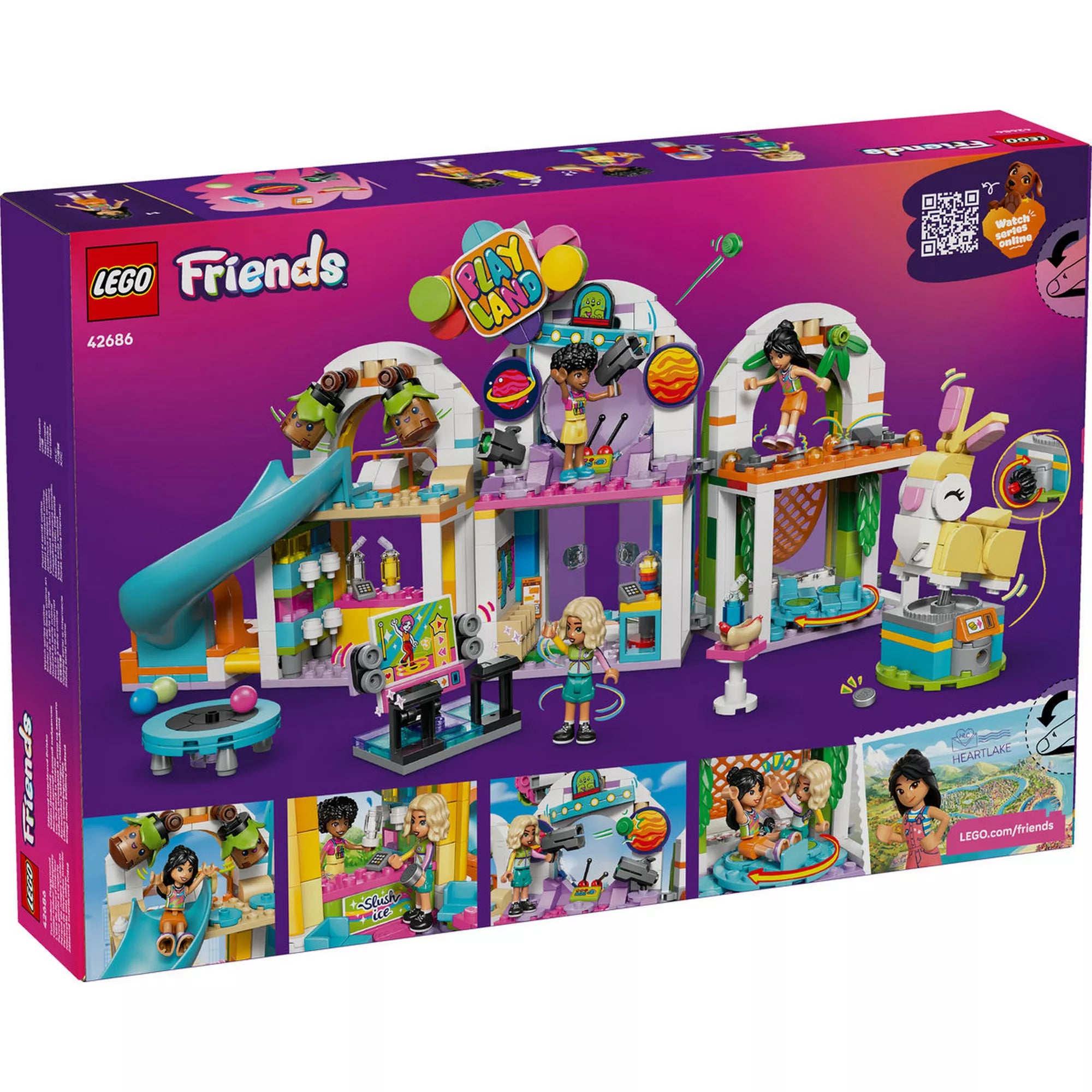 LEGO Friends Beltéri játszótér (42686) dobozának hátoldala, a játéklehetőségek bemutatásával, trambulinnal, labdamedencével, játékgépekkel és kiegészítőkkel.