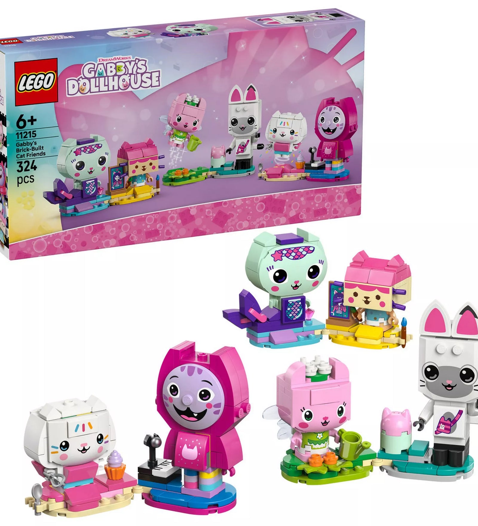 LEGO® Gabby babaháza 11215 készlet dobozzal együtt, a teljes tartalommal és mind a hat megépíthető cicakarakterrel, kreatív játékhoz és kiállításhoz.