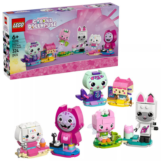 LEGO® Gabby babaháza 11215 készlet dobozzal együtt, a teljes tartalommal és mind a hat megépíthető cicakarakterrel, kreatív játékhoz és kiállításhoz.