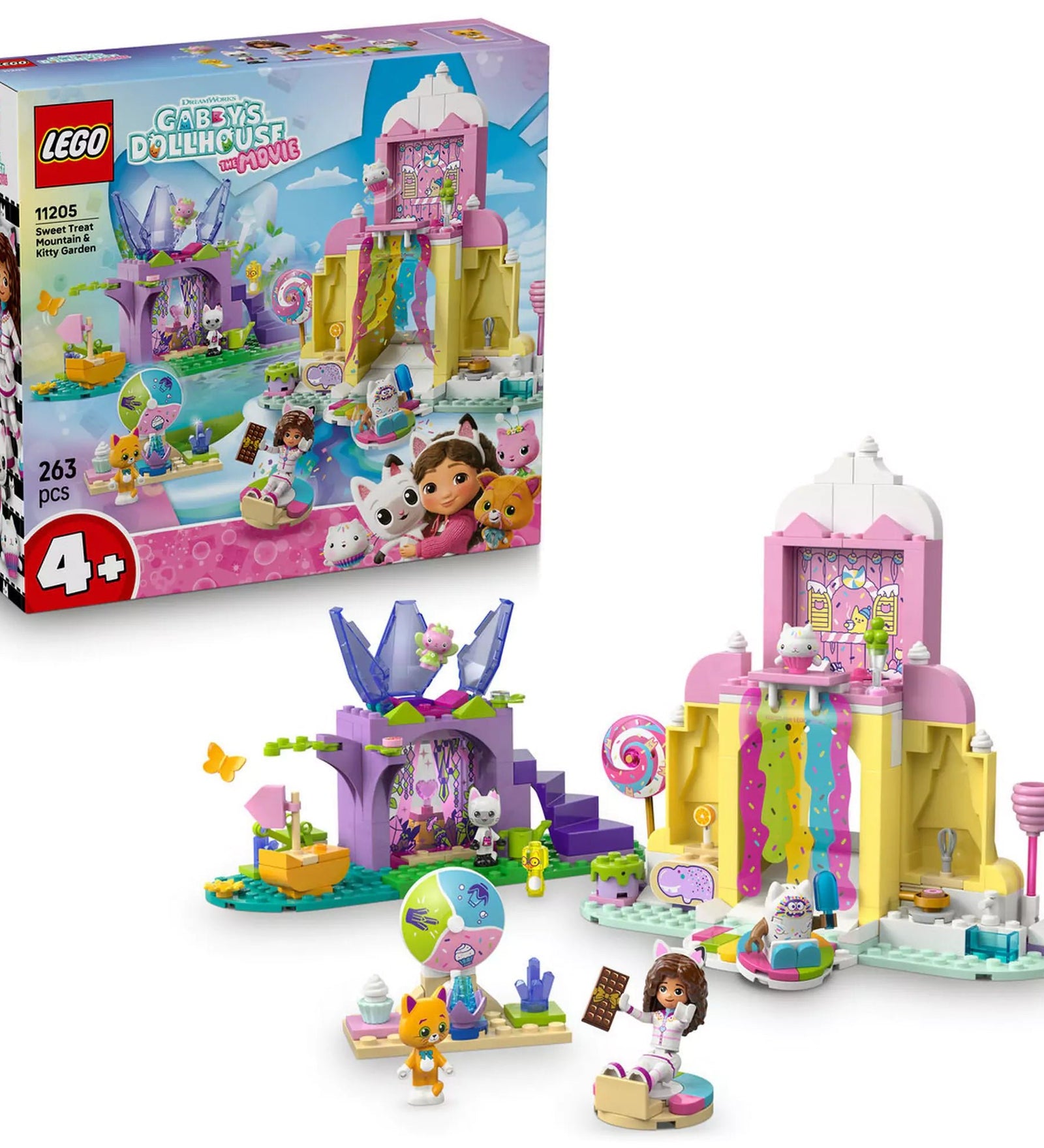 LEGO Gabby babaháza: Cukorkahegy és Cicakert (11205) dobozkép és megépített szett, színes cukorkaheggyel és cicakerttel.