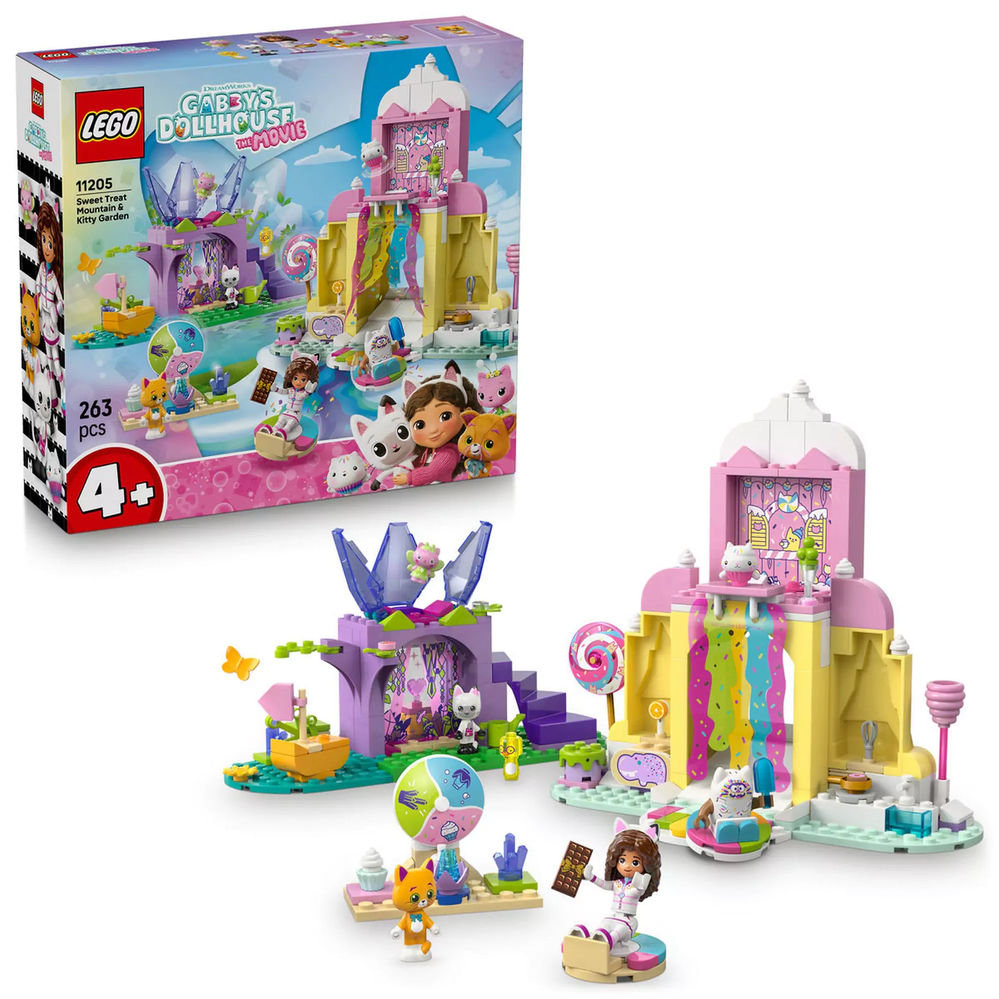 LEGO Gabby babaháza: Cukorkahegy és Cicakert (11205) dobozkép és megépített szett, színes cukorkaheggyel és cicakerttel.
