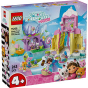 LEGO Gabby babaháza: Cukorkahegy és Cicakert (11205) dobozkép, színes építőelemekkel, figurákkal és cukorka témájú csúszdával.