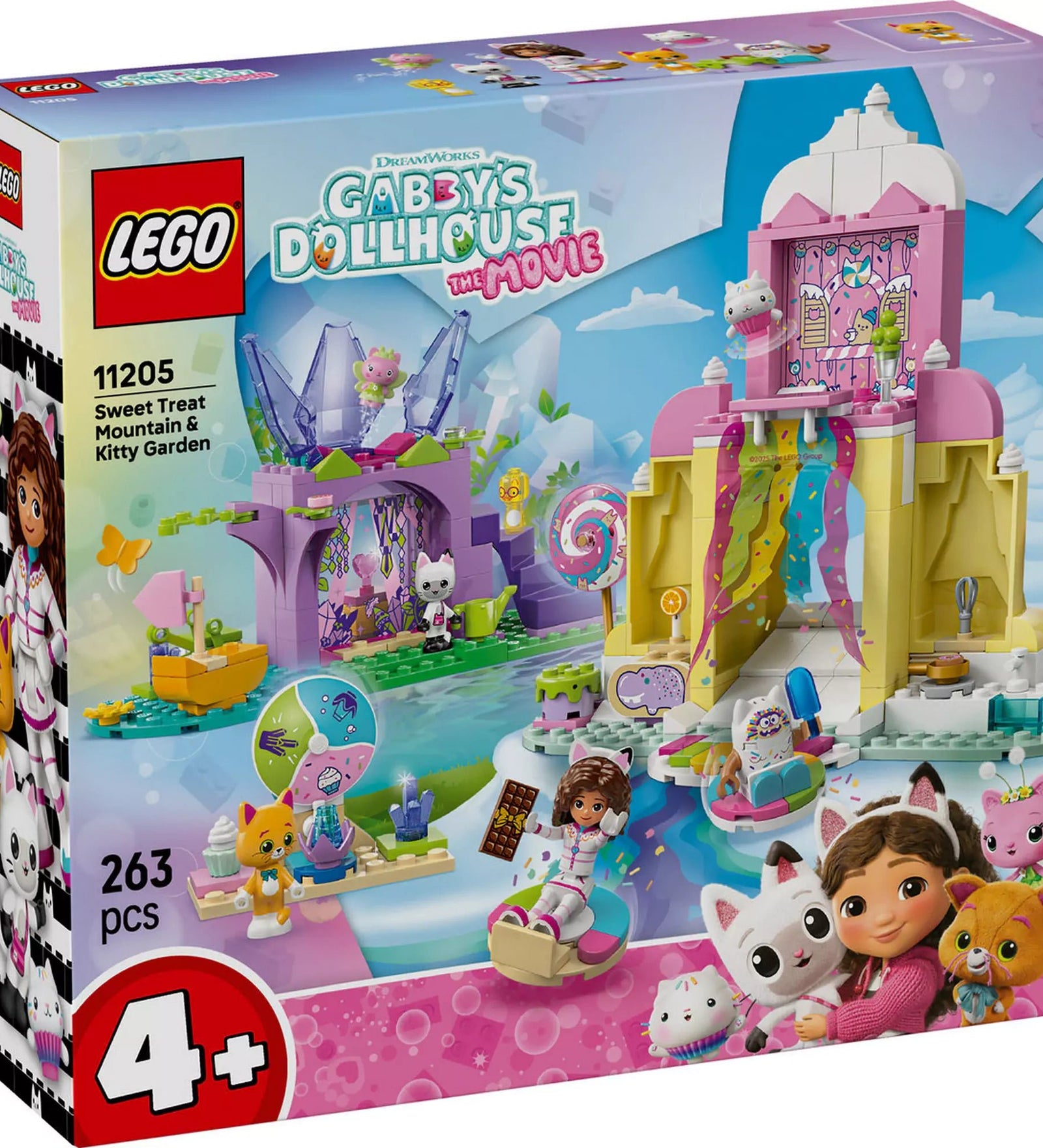 LEGO Gabby babaháza: Cukorkahegy és Cicakert (11205) dobozkép, színes építőelemekkel, figurákkal és cukorka témájú csúszdával.