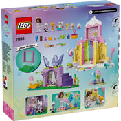 LEGO Gabby babaháza: Cukorkahegy és Cicakert (11205) dobozhátlap, a készlet elemeivel, figurákkal és építési útmutatóval.