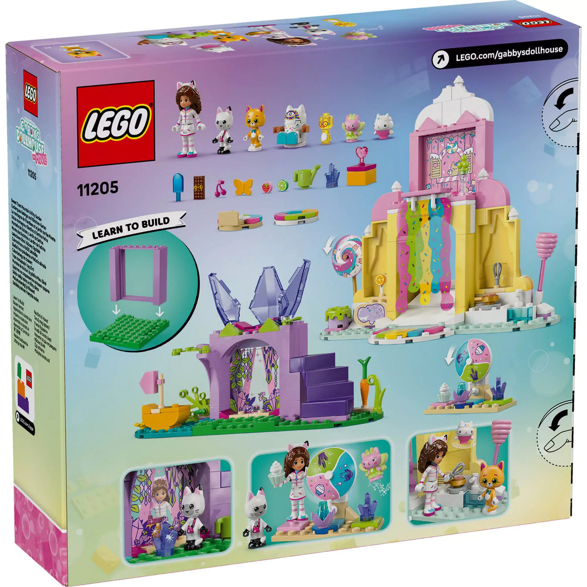 LEGO Gabby babaháza: Cukorkahegy és Cicakert (11205) dobozhátlap, a készlet elemeivel, figurákkal és építési útmutatóval.