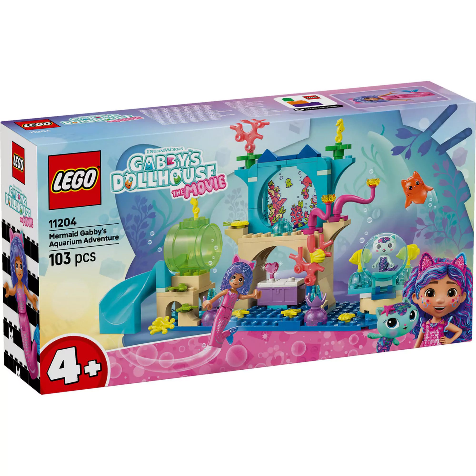 LEGO Gabby babaháza: Sellő Gabi kalandjai a víz alatti világban (11204) dobozkép, színes tengeri elemekkel és figurákkal 4+ éves gyerekeknek.
