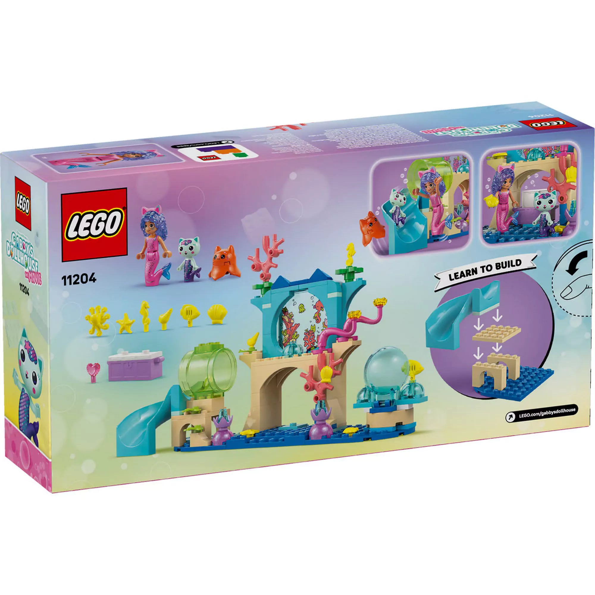 LEGO Gabby babaháza: Sellő Gabi kalandjai a víz alatti világban (11204) dobozhátlap, színes elemekkel és figurákkal.