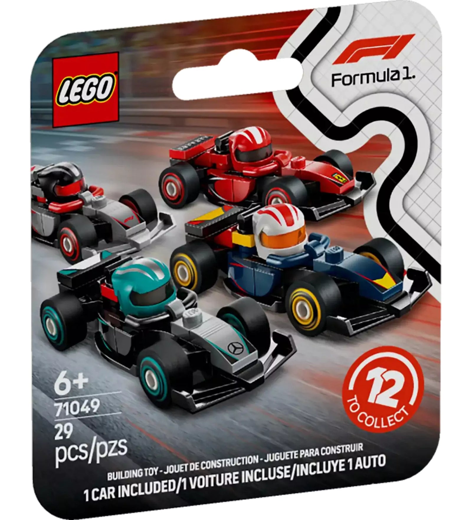 LEGO Gyűjthető F1-es versenyautók (71049) csomagolás – négy színes versenyautó és a Formula 1 logó látható a doboz elején.