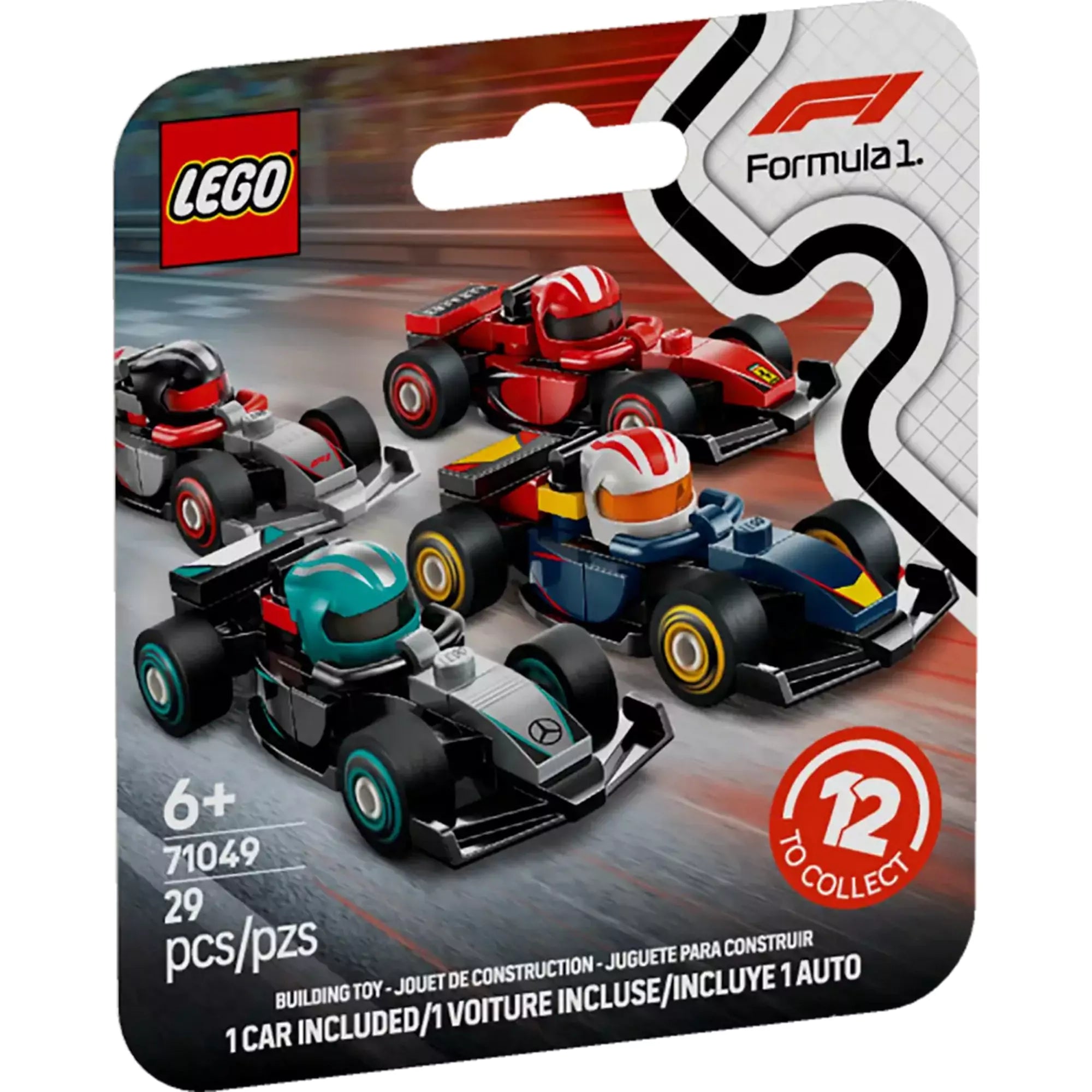LEGO Gyűjthető F1-es versenyautók (71049) csomagolás – négy színes versenyautó és a Formula 1 logó látható a doboz elején.