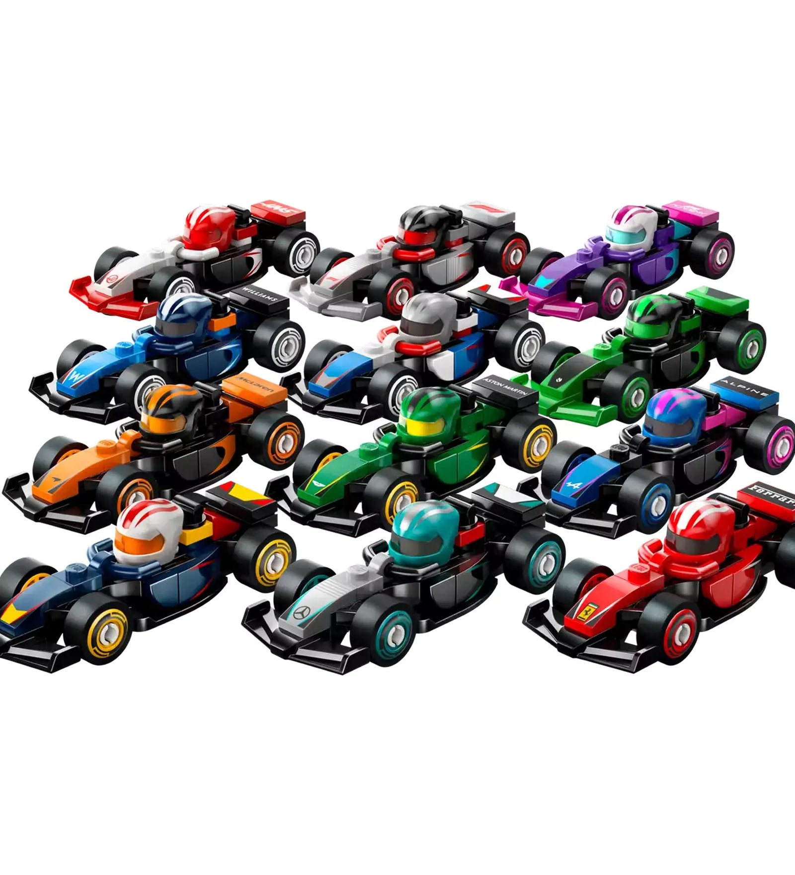 LEGO Gyűjthető F1-es versenyautók (71049) – mind a 12 különböző csapat színeiben készült mini versenyautó elölről fotózva.
