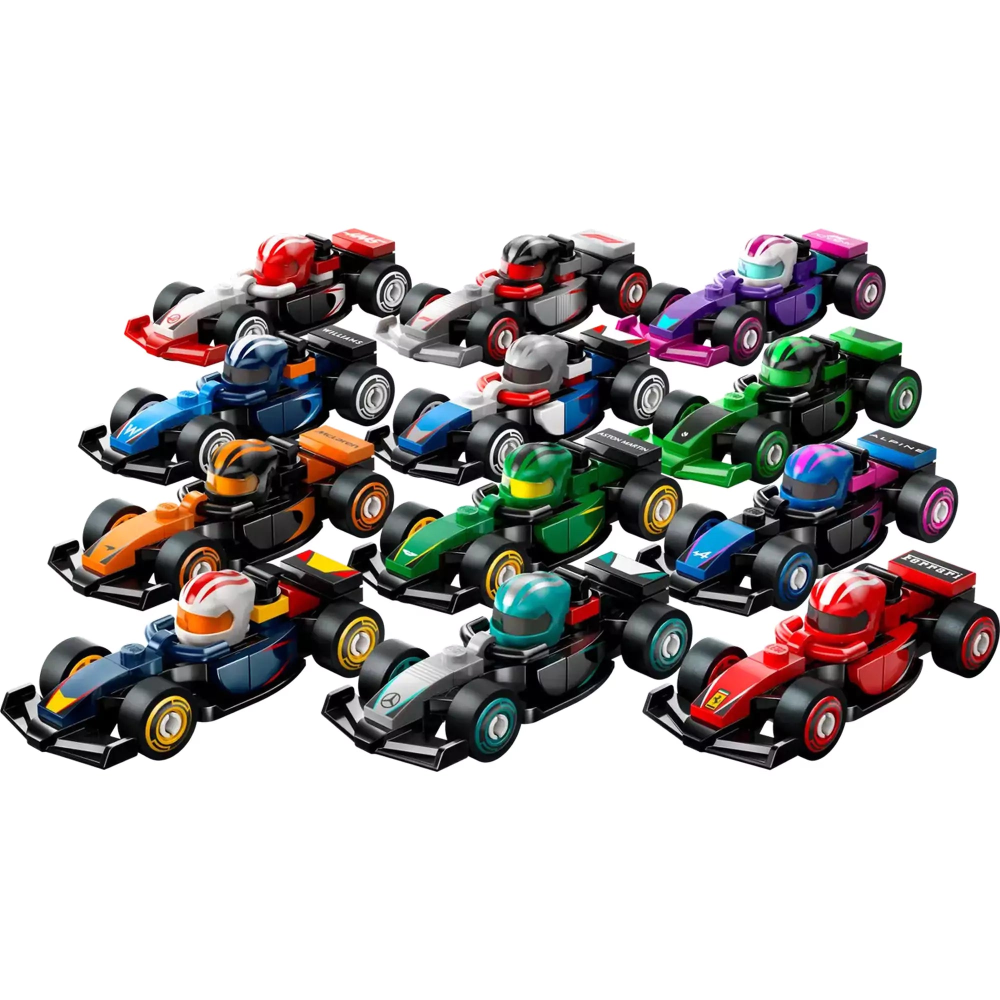 LEGO Gyűjthető F1-es versenyautók (71049) – mind a 12 különböző csapat színeiben készült mini versenyautó elölről fotózva.