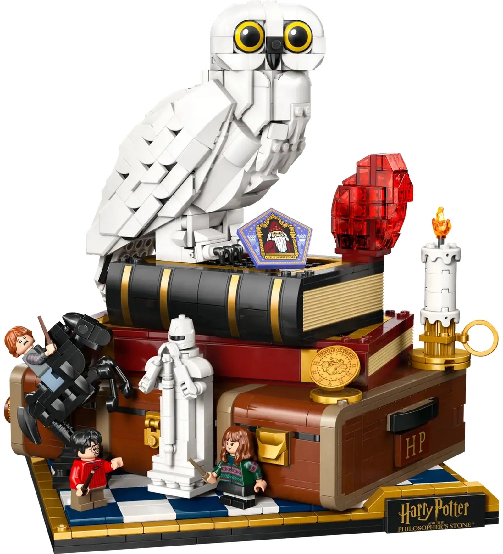 LEGO Harry Potter: A bölcsek köve, gyűjtői kiadás 76466, 1571 darabos – Hedwig bagoly könyvkupacon, minifigurákkal és varázslatos részletekkel.