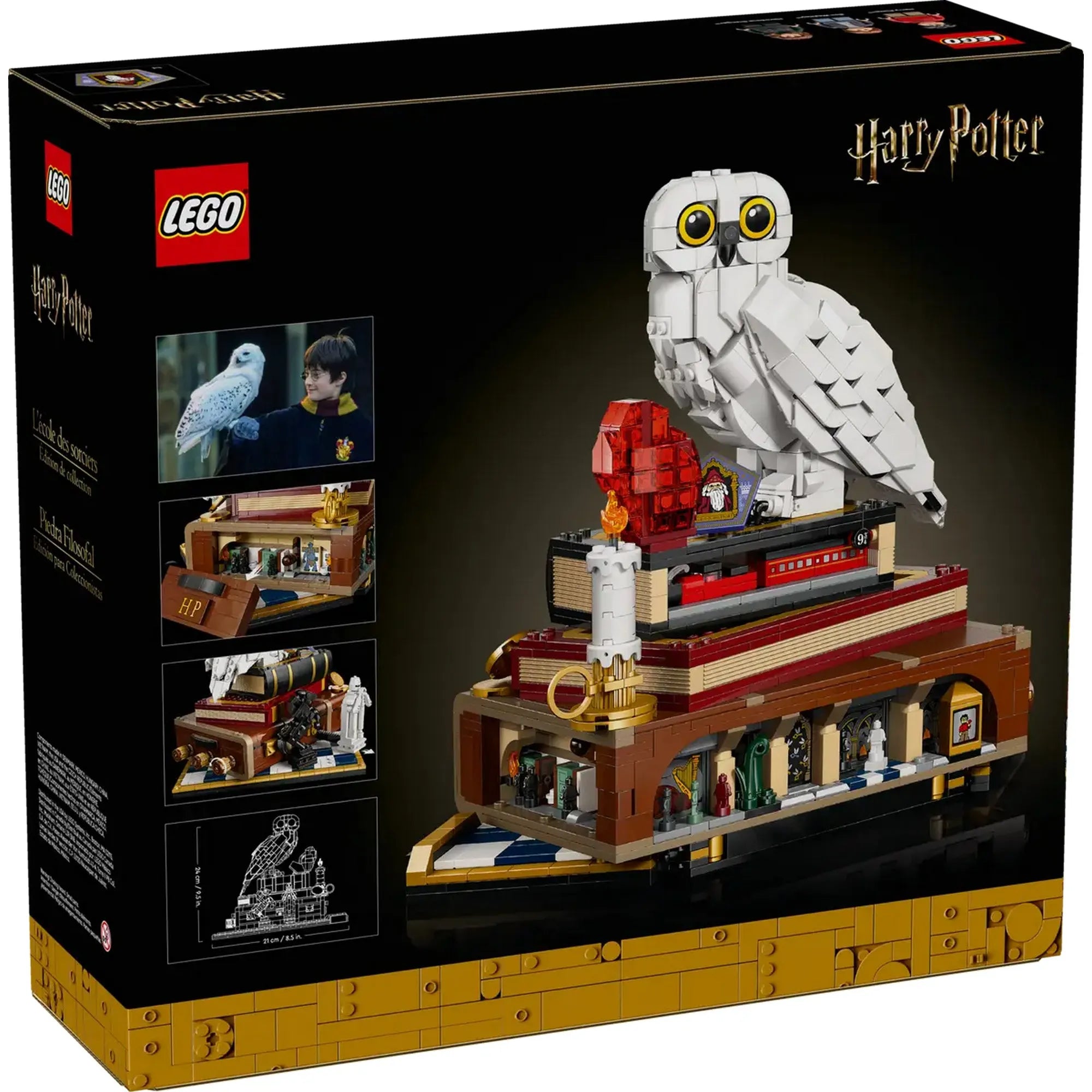 LEGO Harry Potter: A bölcsek köve, gyűjtői kiadás 76466, 1571 darabos – A doboz hátoldala, építési és részletképekkel.