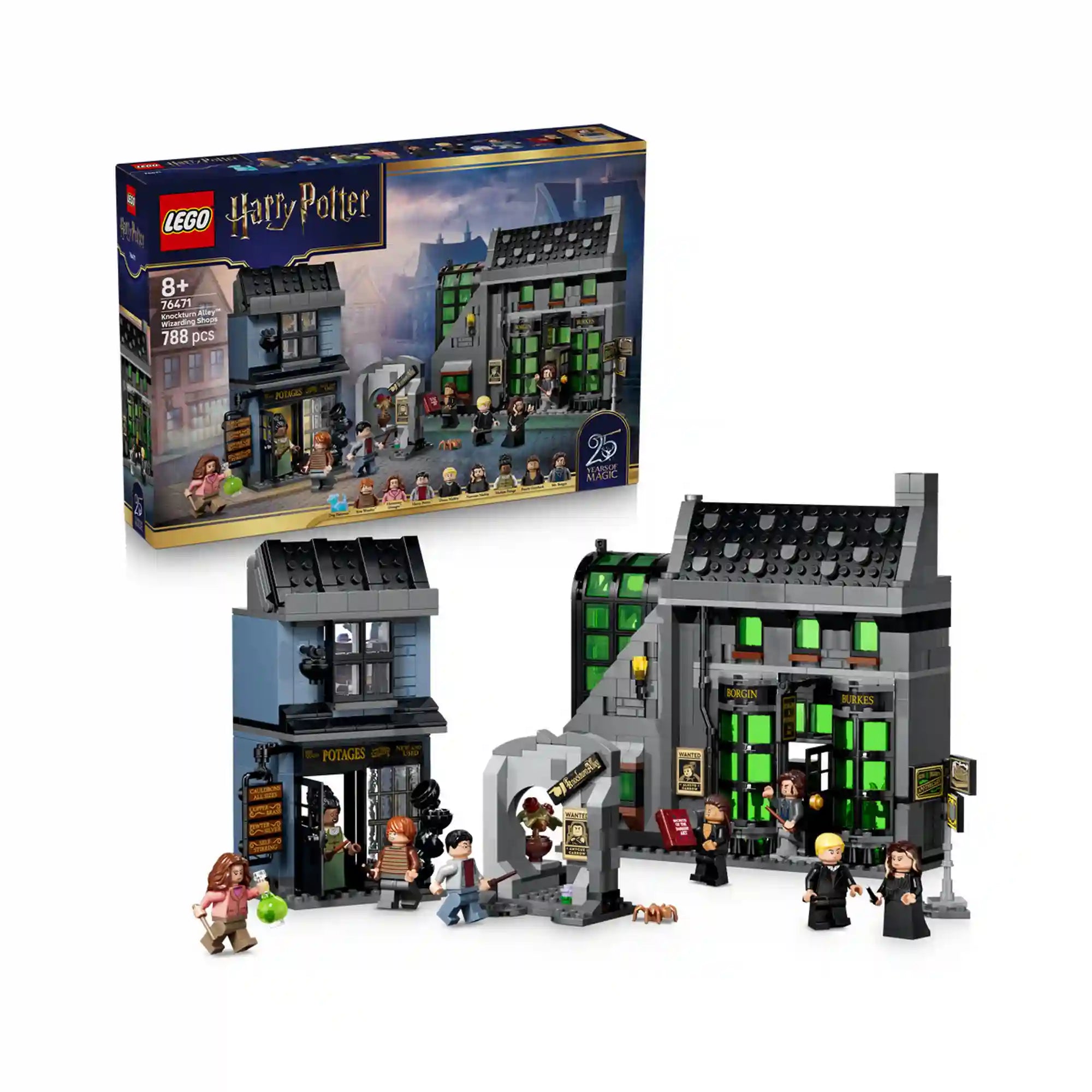 LEGO Harry Potter A Zsebpiszok köz varázslóboltjai 76471 készlet dobozzal, Borgin és Burkes üzlettel, Üstbolttal és minifigurákkal.