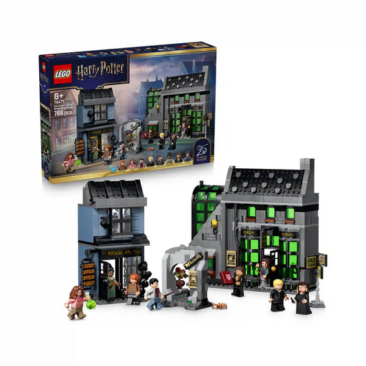 LEGO Harry Potter A Zsebpiszok köz varázslóboltjai 76471 készlet dobozzal, Borgin és Burkes üzlettel, Üstbolttal és minifigurákkal.
