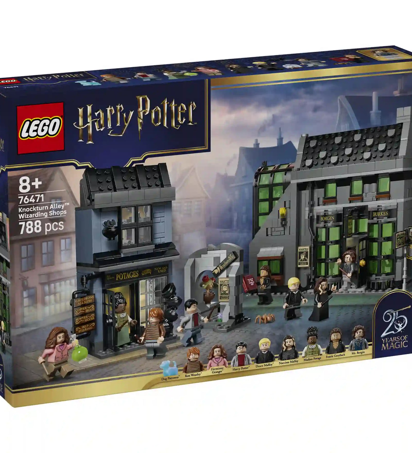 LEGO Harry Potter A Zsebpiszok köz varázslóboltjai 76471 dobozkép 788 elemmel, 8 minifigurával és a 25. évfordulós Ron kutya patrónus figurával.