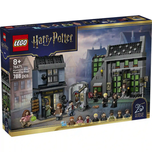 LEGO Harry Potter A Zsebpiszok köz varázslóboltjai 76471 dobozkép 788 elemmel, 8 minifigurával és a 25. évfordulós Ron kutya patrónus figurával.
