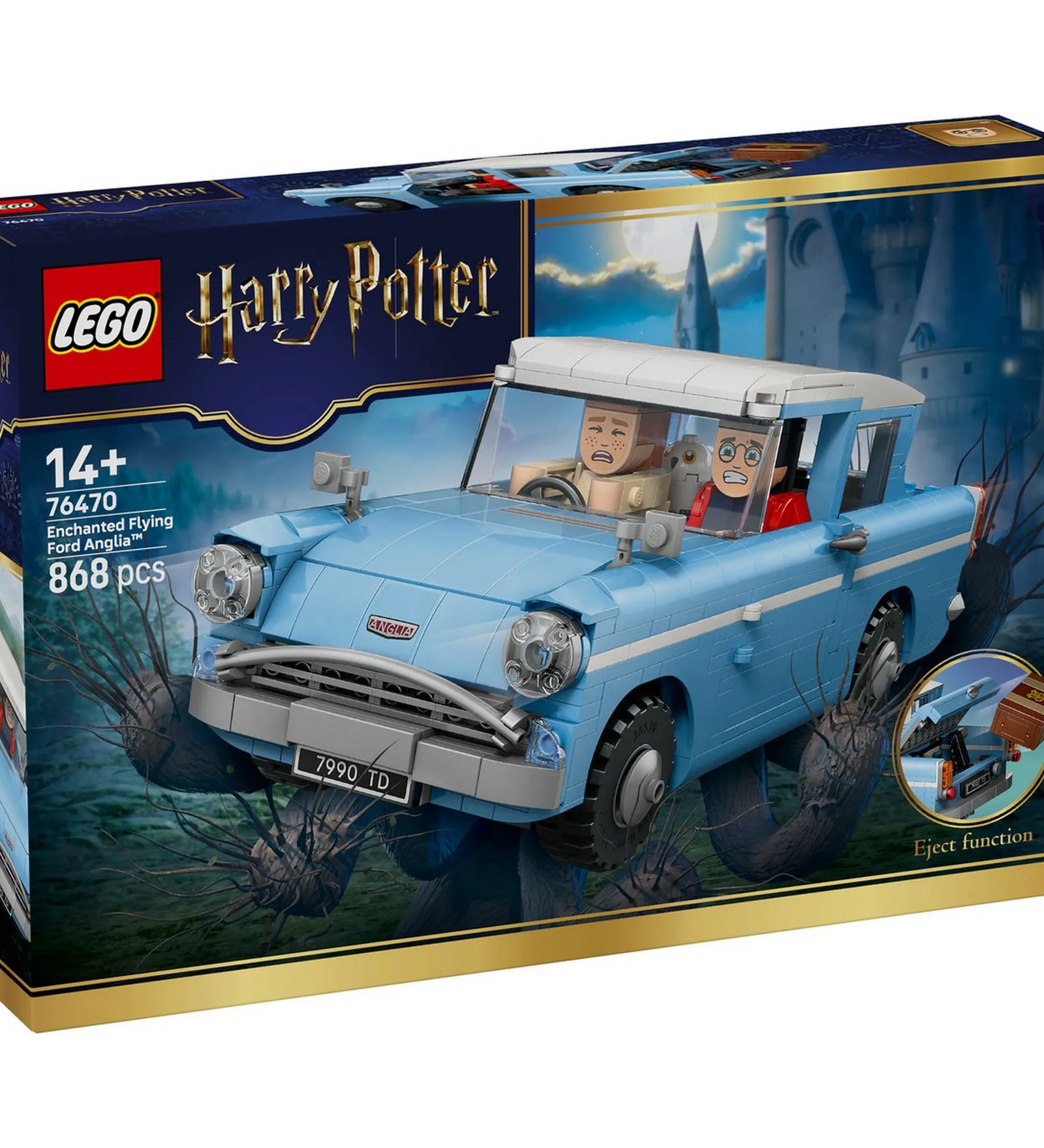 LEGO Harry Potter Enchanted Flying Ford Anglia 76470 – A készlet dobozképe, repülő kék Ford Anglia autóval és minifigurákkal az erdő felett.
