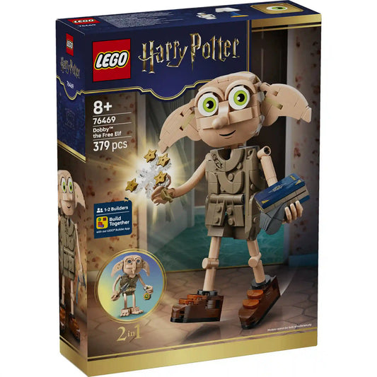 LEGO Harry Potter Dobby, a szabad manó 76469 készlet csomagolása a 379 elemes, 2 az 1-ben építhető Harry Potter házimanó modellel.