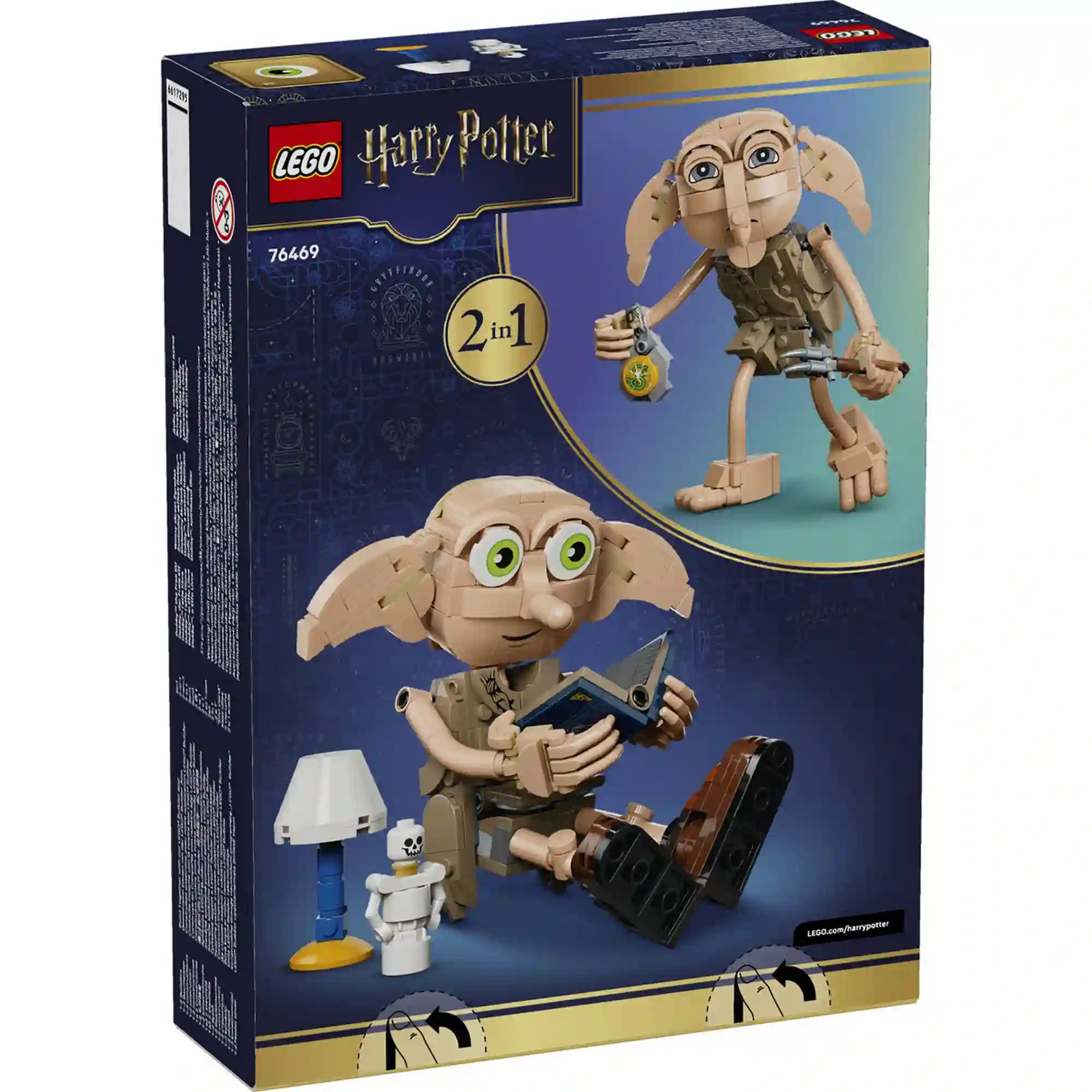 LEGO Harry Potter Dobby, a szabad manó 76469 készlet dobozképe, amely bemutatja a 2 az 1-ben építhető Dobby és Sipor házimanó figurákat.