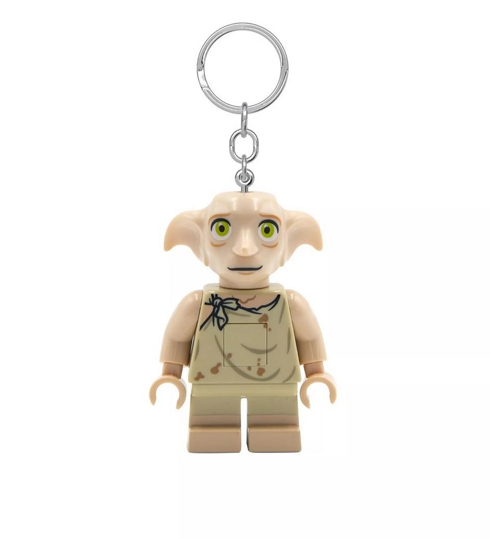 LEGO Harry Potter Dobby kulcstartó – a Dobby minifigura láncra erősített változata világos ruhában, fém kulcskarikával.