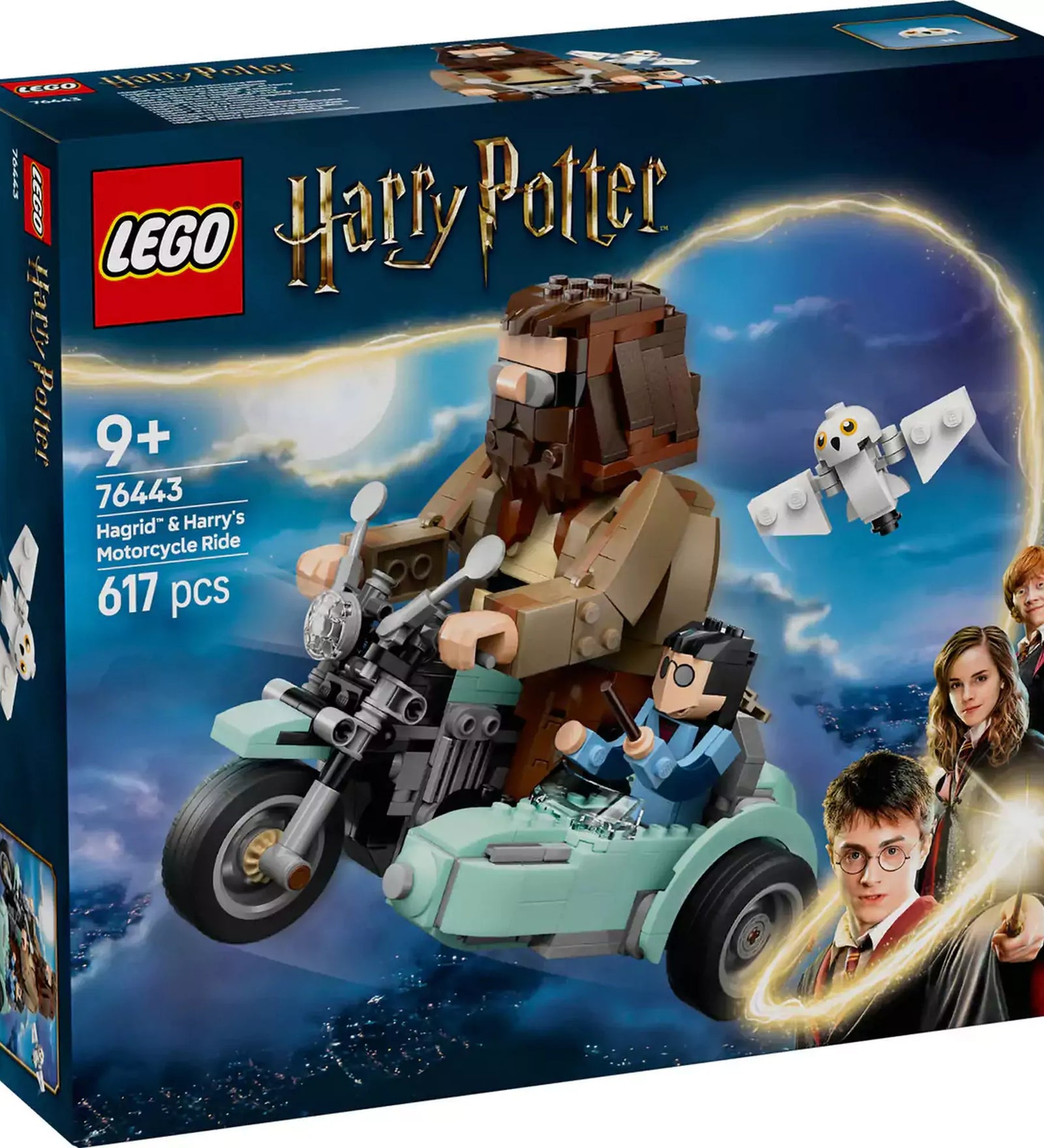 LEGO Harry Potter - Hagrid motoros kalandjai (76443) dobozkép, amely varázslatos Harry Potter karaktereket és a készlet tartalmát ábrázolja.
