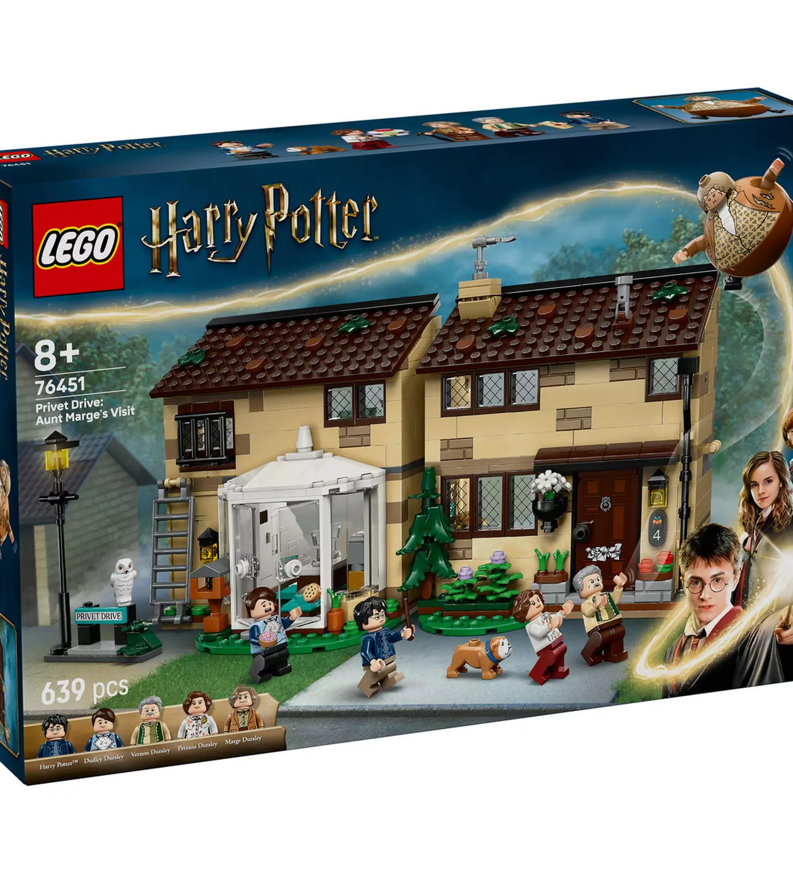 LEGO Harry Potter: Marge néni látogatása a Privet Drive-on (76451) – a doboz eleje, a Dursley-ház, minifigurák és varázslatos jelenet látható.