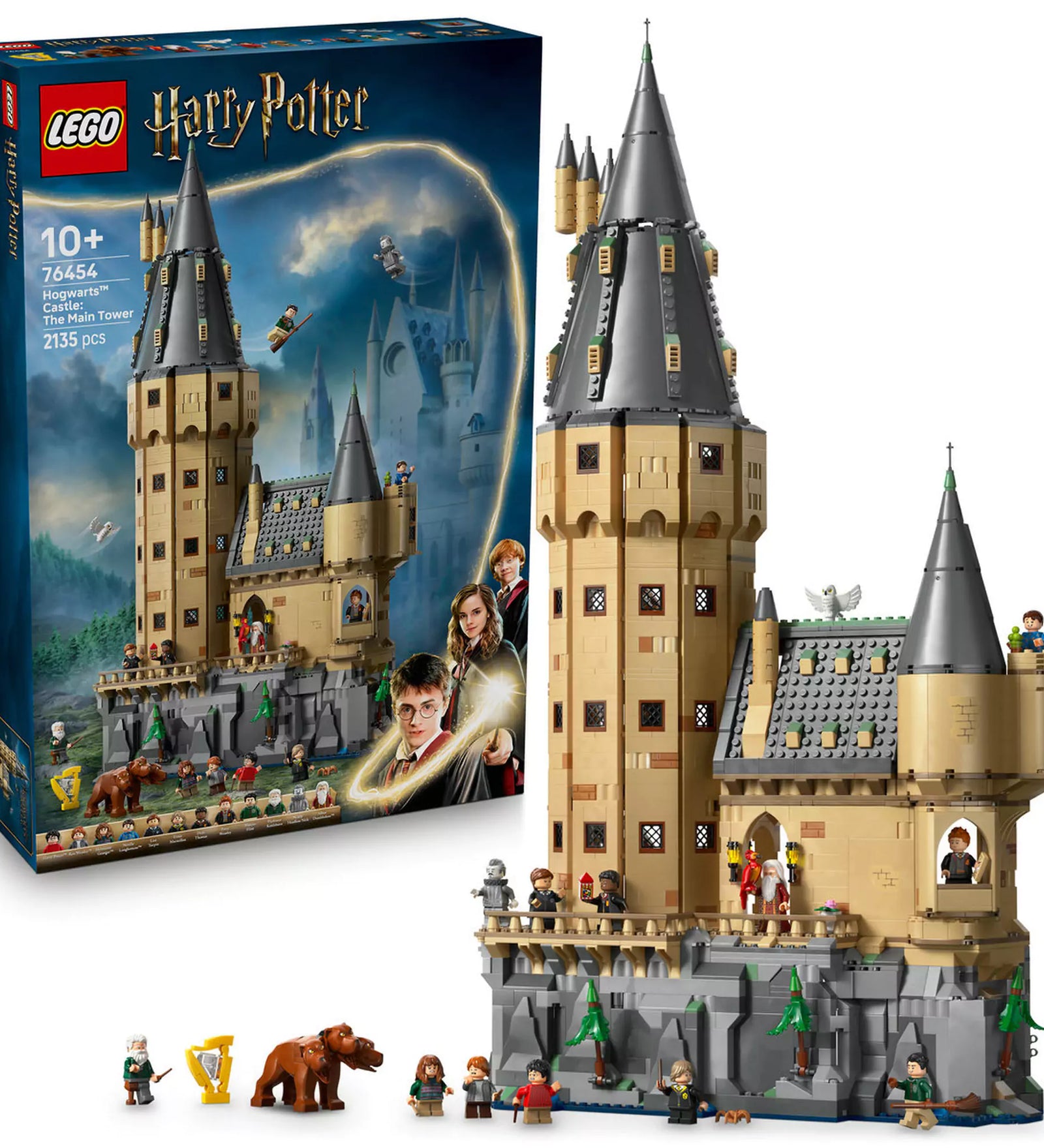LEGO Harry Potter: Roxfort kastély – A központi torony (76454) dobozzal és minifigurákkal, bemutatva a varázslatos részleteket.