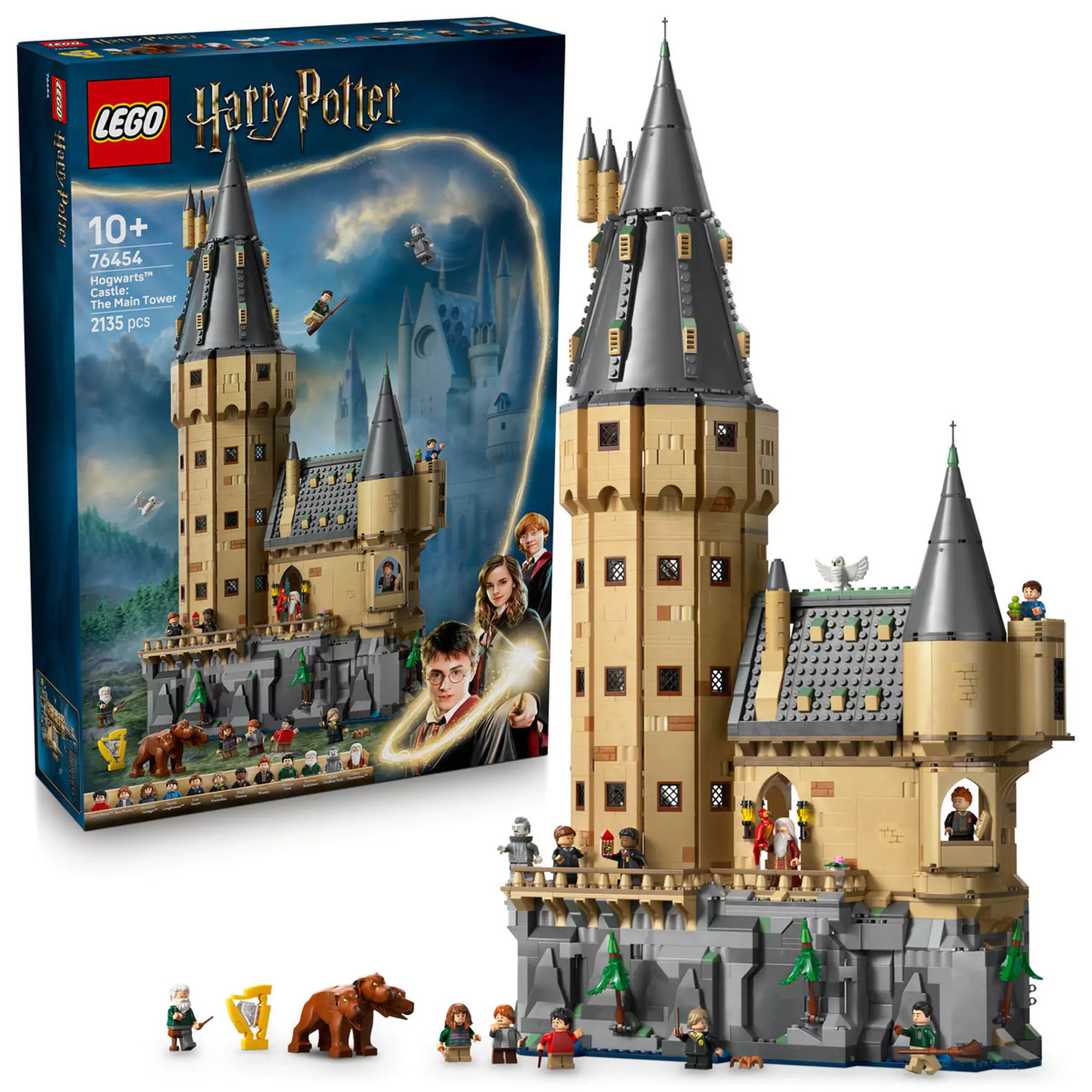 LEGO Harry Potter: Roxfort kastély – A központi torony (76454) dobozzal és minifigurákkal, bemutatva a varázslatos részleteket.