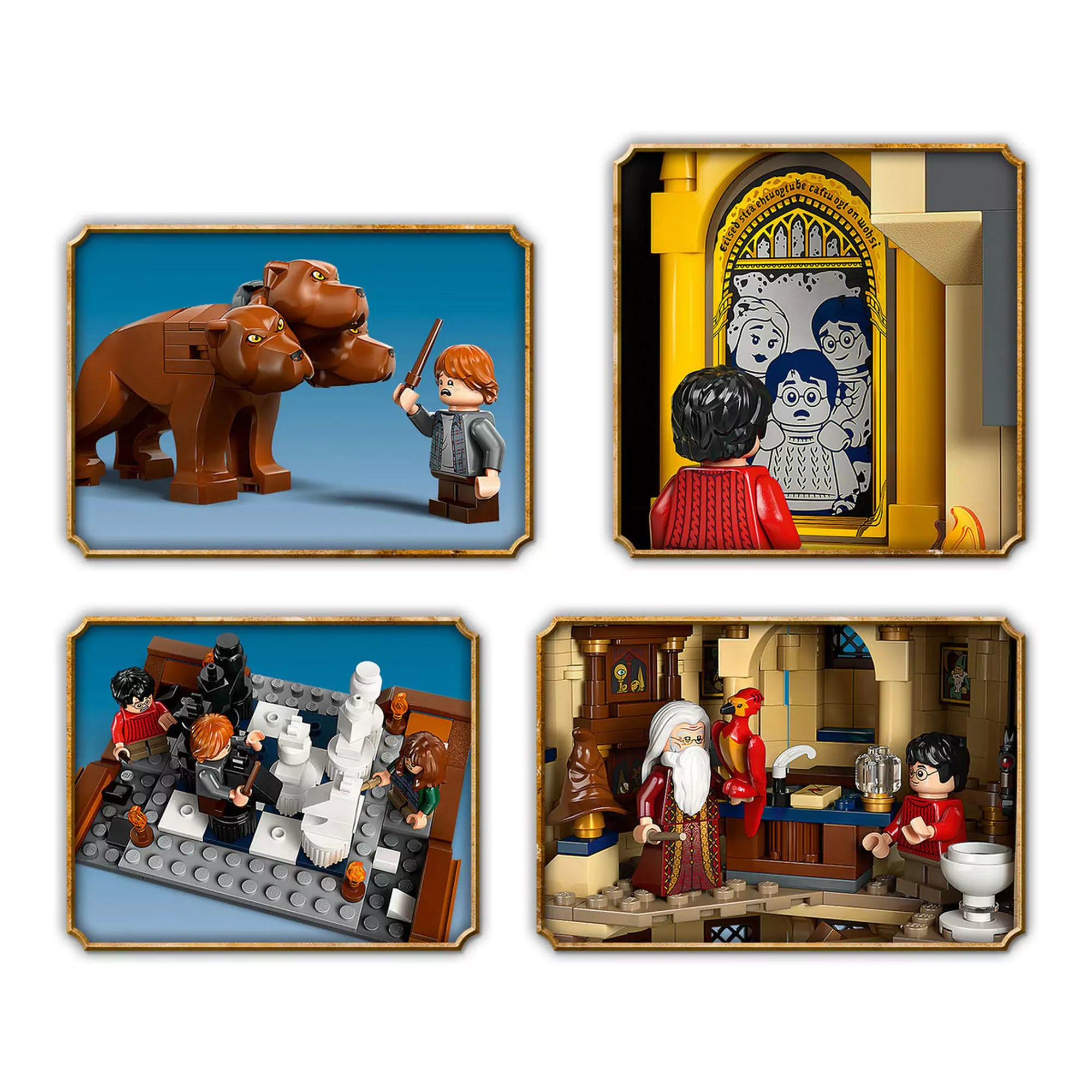 LEGO Harry Potter: Roxfort kastély – A központi torony (76454) részletei, Fluffy, a varázssakk, a Tükör Erised és Dumbledore irodája.
