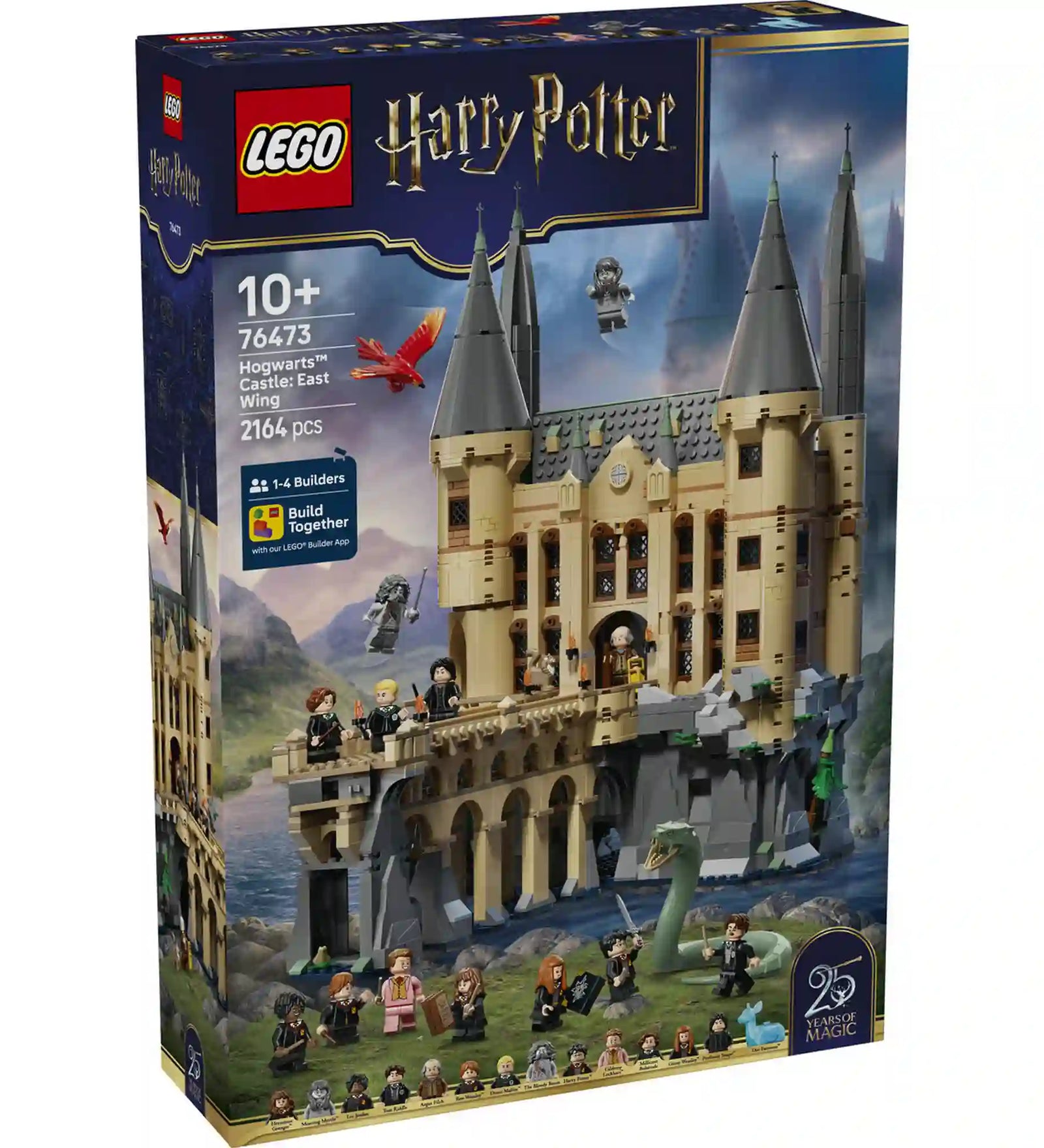 LEGO Harry Potter Roxfort kastély Keleti szárny 76473 dobozkép 2164 elemmel, kastéllyal, híddal, minifigurákkal és baziliszkusszal.