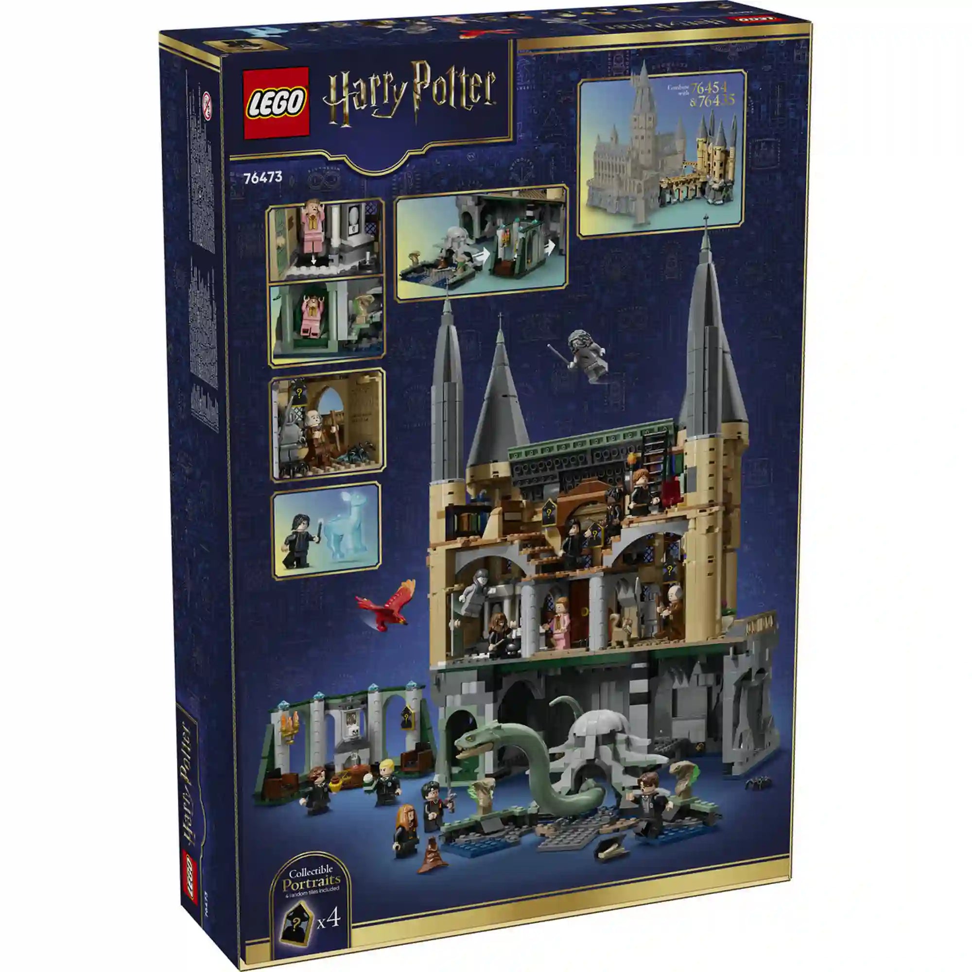 LEGO Harry Potter 76473 doboz hátoldala a Roxfort Keleti szárny belső tereivel, Titkok Kamrájával, baziliszkusszal és játékfunkciókkal.