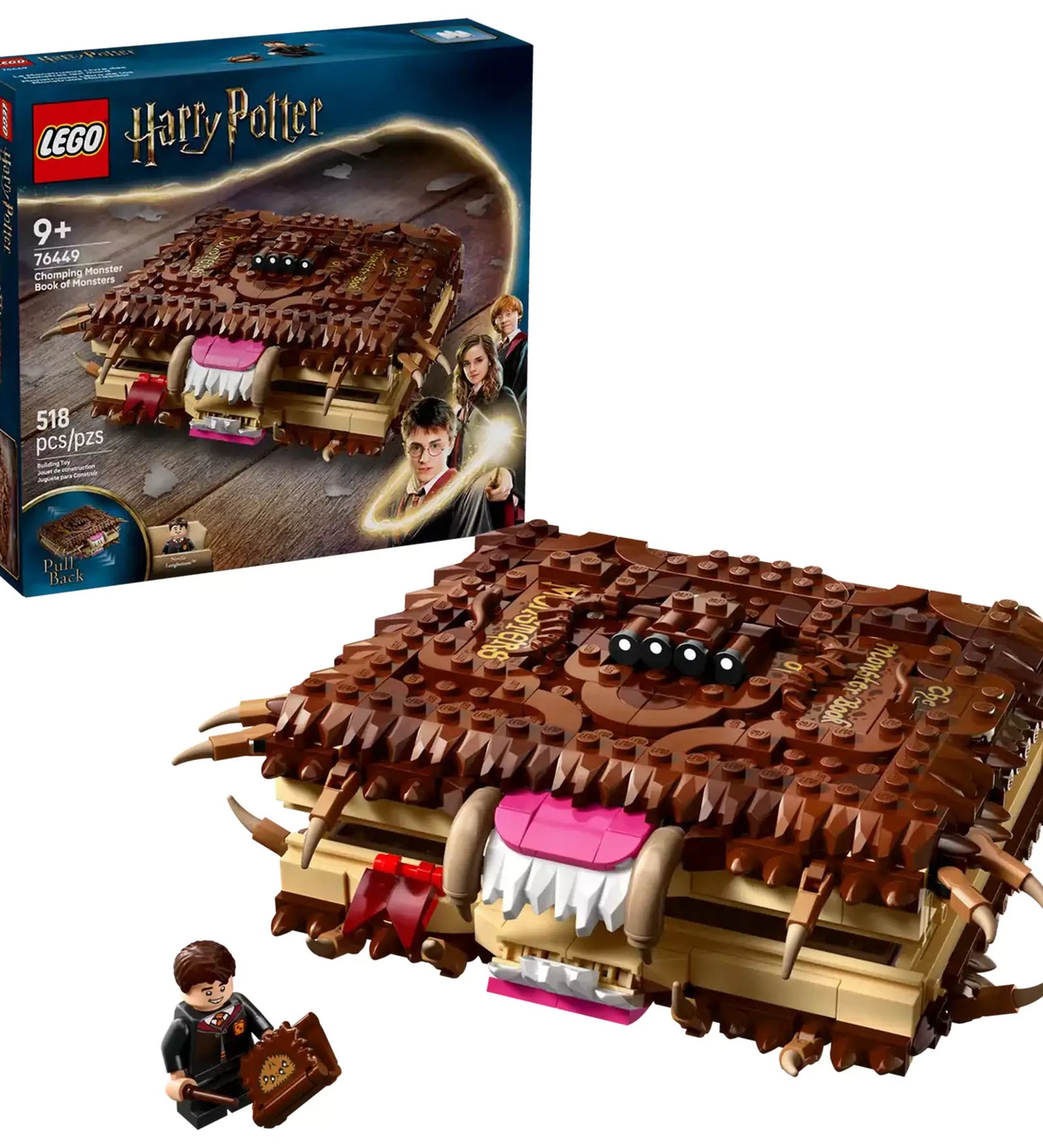 LEGO Harry Potter: Szörnyek szörnyű könyve (76449) – a készlet teljes tartalma dobozzal és Neville minifigurával elrendezve.
