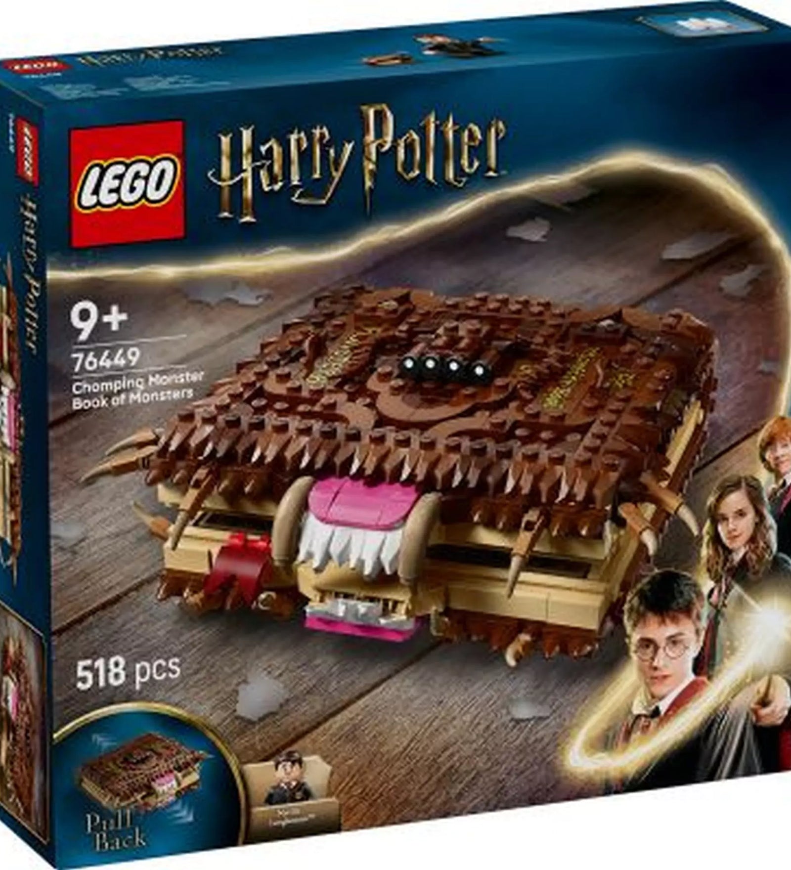 LEGO Harry Potter: Szörnyek szörnyű könyve (76449) – a doboz előlapja, szőrös borítójú, fogas könyvmodell és szereplők képe.