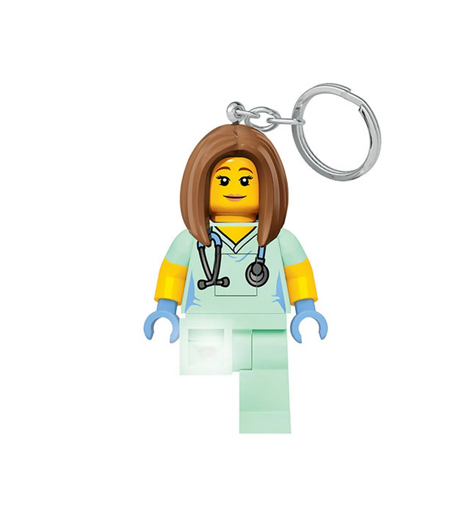 LEGO LED-es Ápolónő breloc, világoszöld munkaruhás minifigura sztetoszkóppal és LED-es lámpákkal a lábfejekben, fém kulcskarikával.