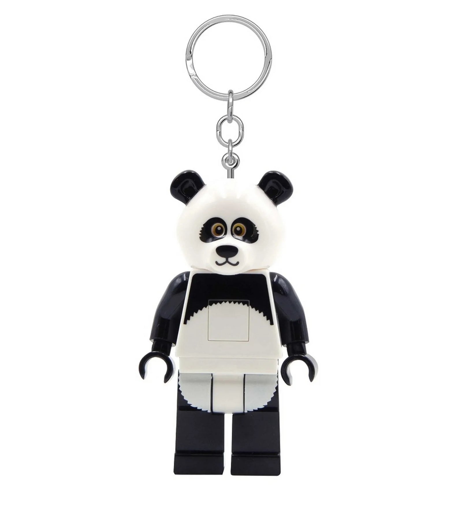 LEGO Iconic Panda világító kulcstartó elölnézetben, mosolygó panda arc részleteivel, fekete karokkal és lábakkal, LEGO minifigura stílusban, fehér háttéren.