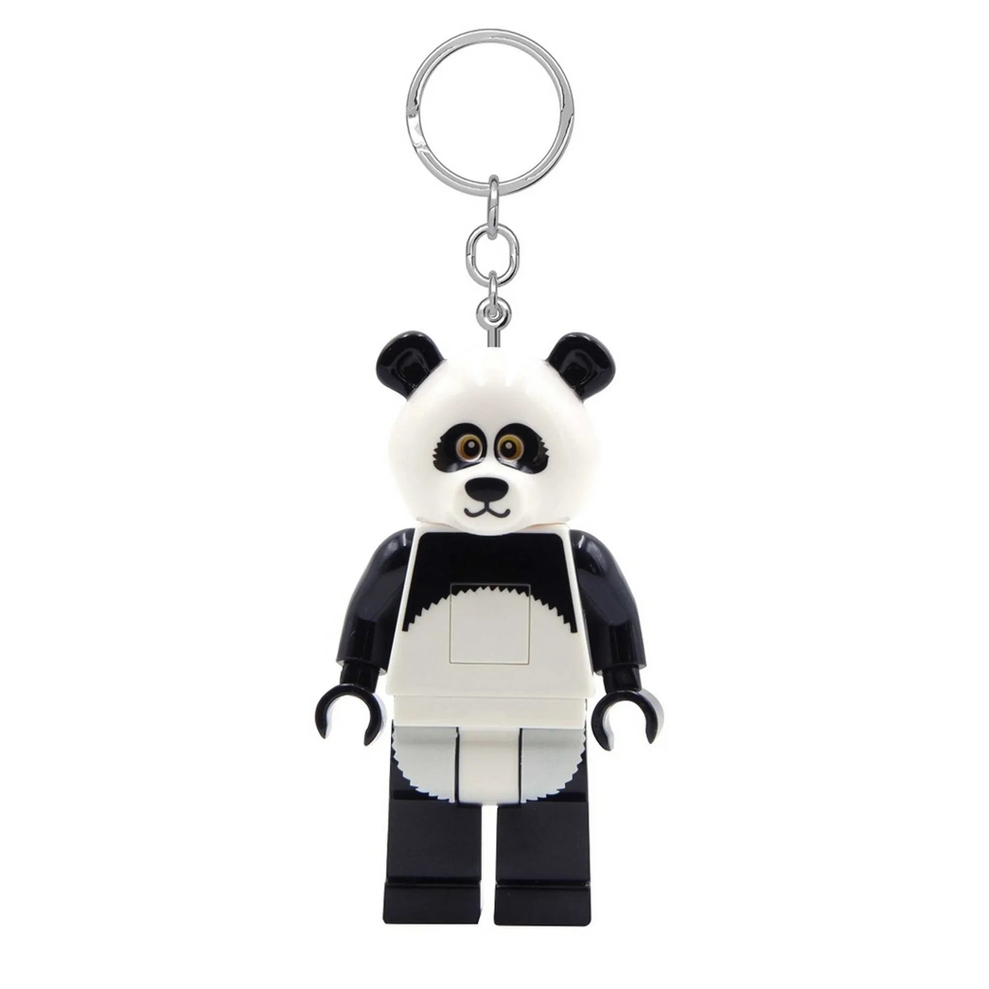 LEGO Iconic Panda világító kulcstartó elölnézetben, mosolygó panda arc részleteivel, fekete karokkal és lábakkal, LEGO minifigura stílusban, fehér háttéren.