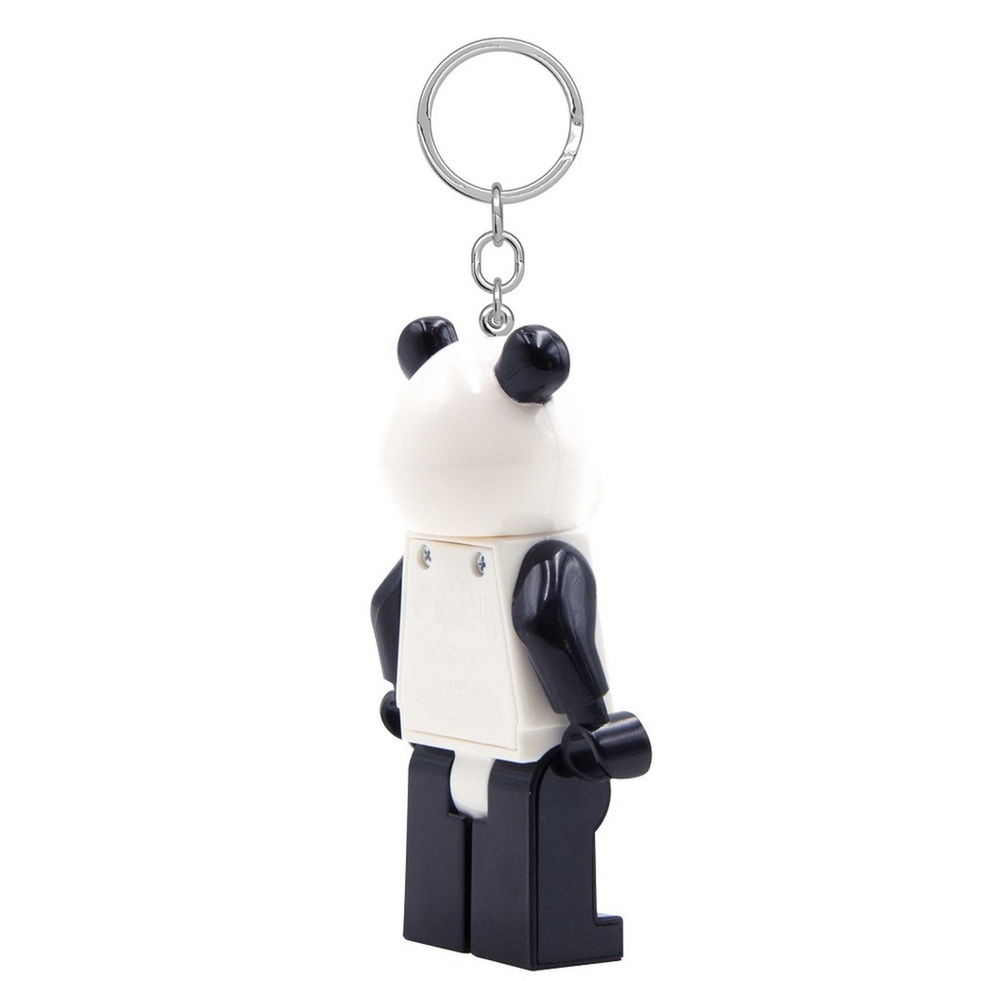 LEGO Panda kulcstartó hátulról, látható elemrekesszel és fém kulcskarikával.