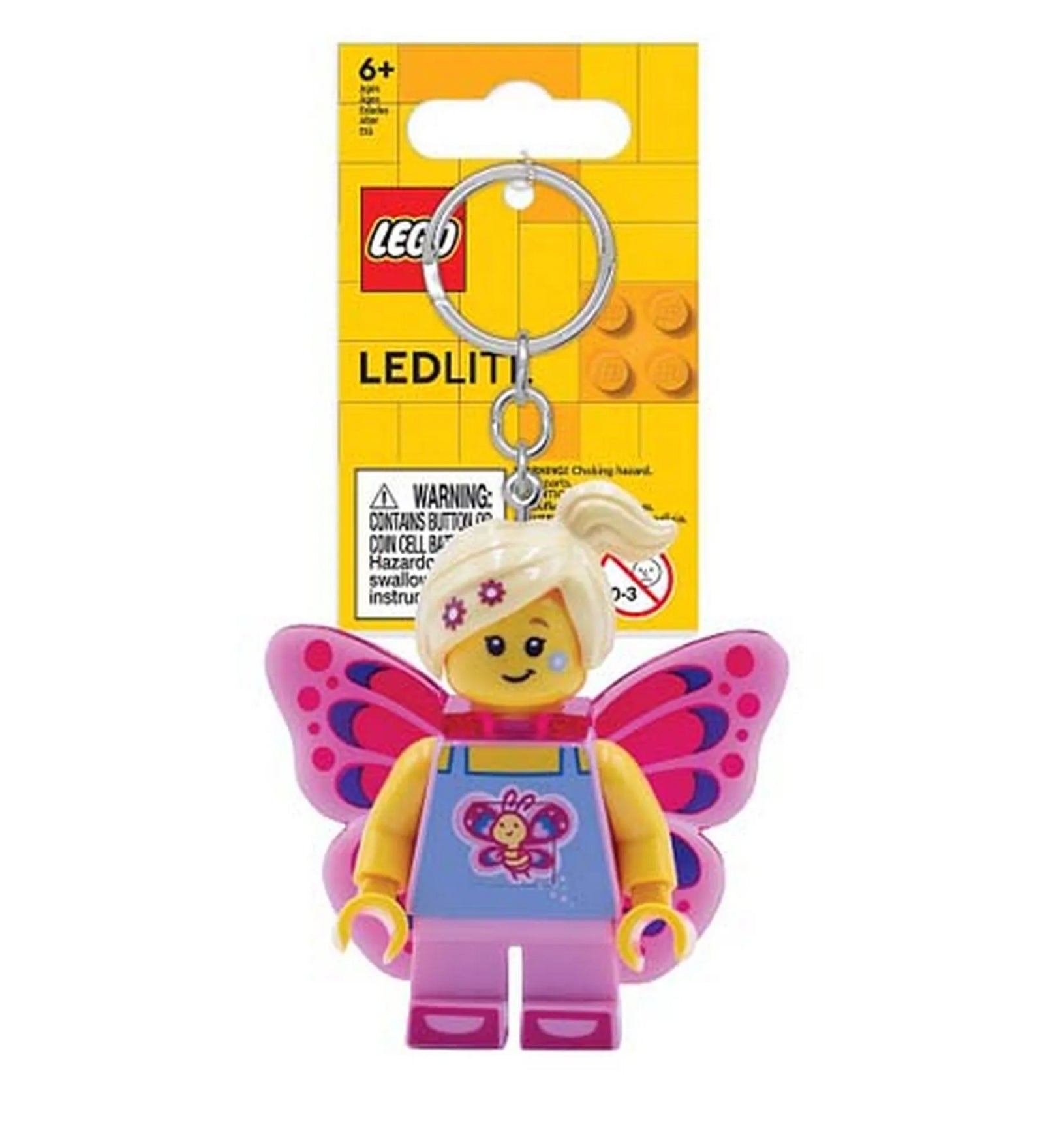 A LEGO LEDLITE Pillangólány kulcstartó eredeti csomagolásban, sárga háttérrel, LEGO logóval és LEDLITE felirattal, világító funkcióval ellátott figurával.